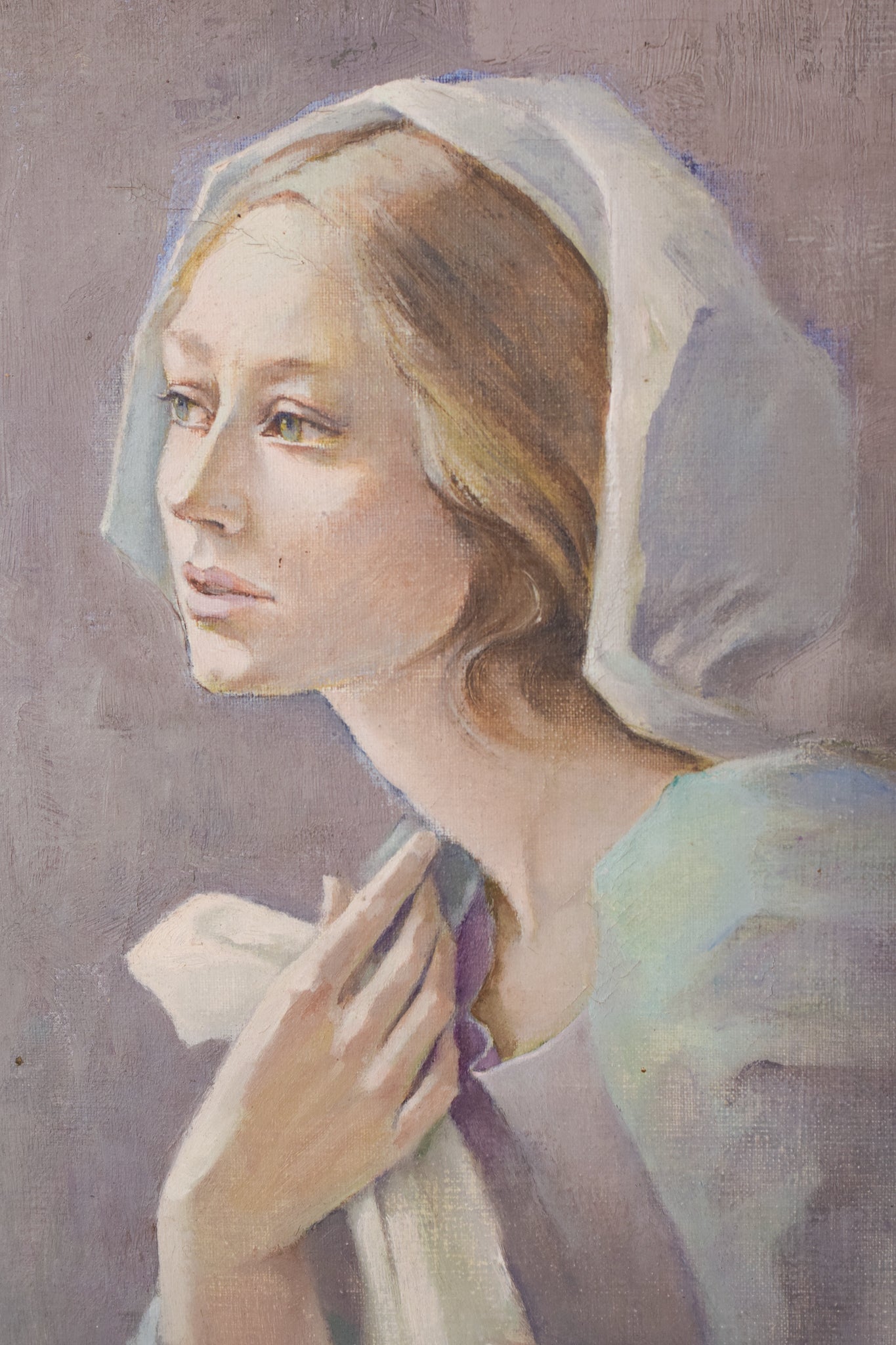 A painting of a woman looking out of a window.