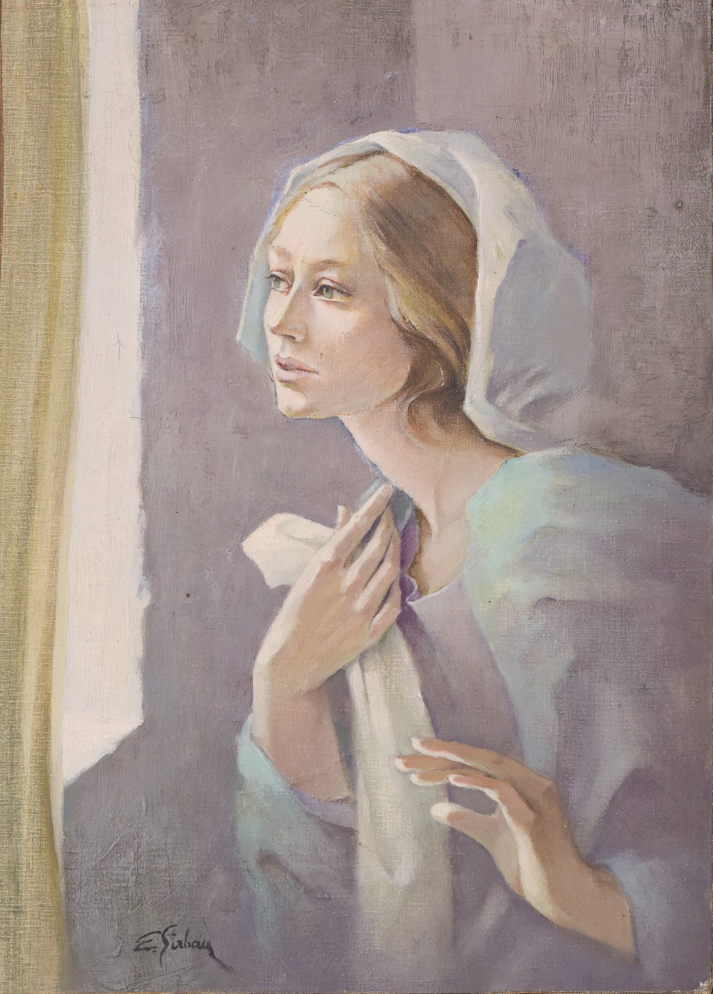 A painting of a woman looking out of a window.