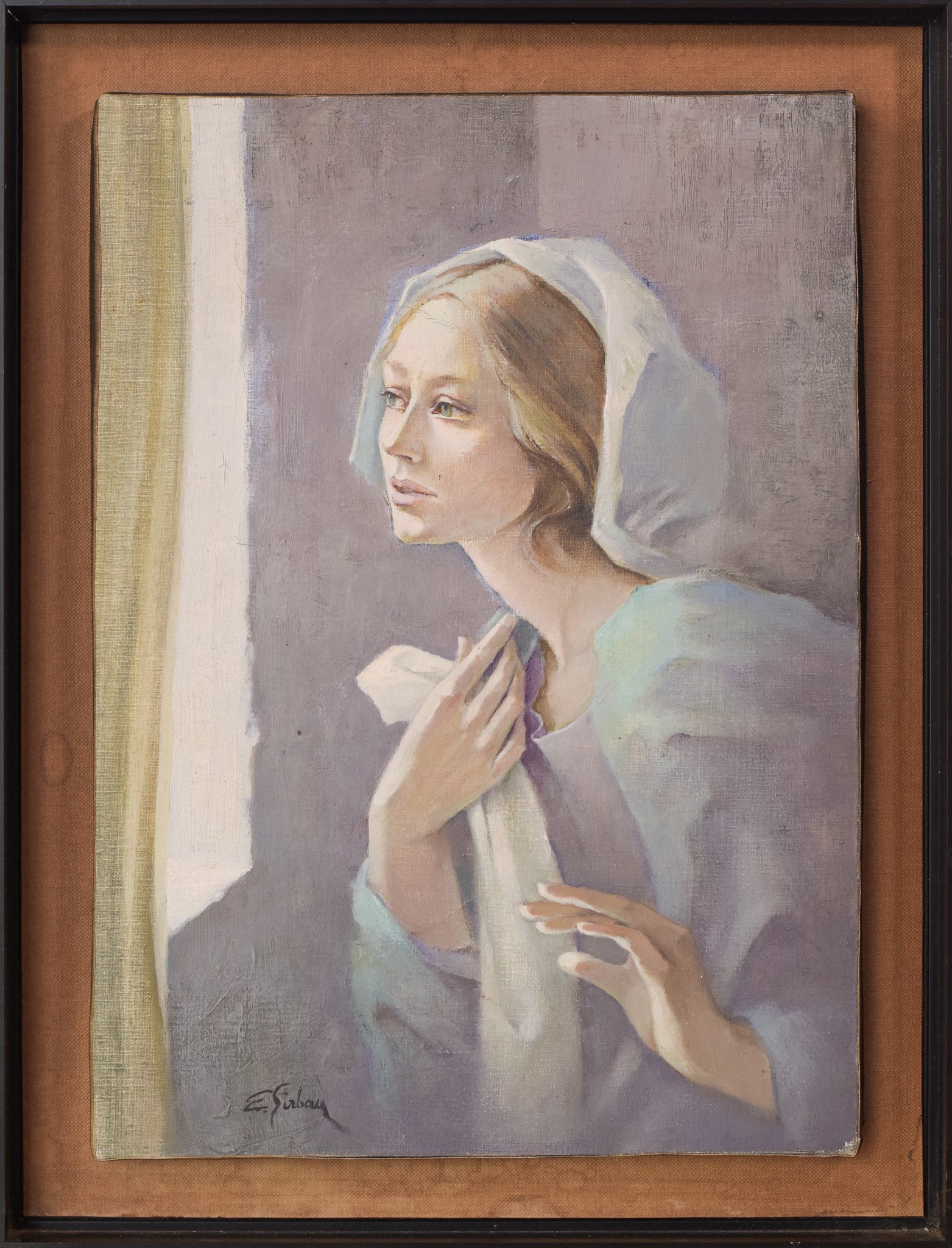 A painting of a woman looking out of a window.