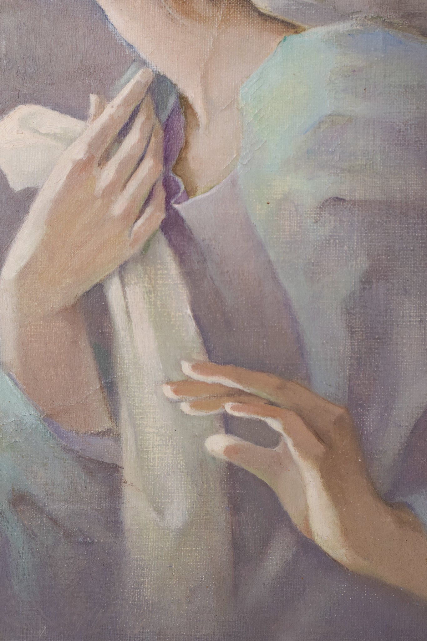 A painting of a woman looking out of a window.