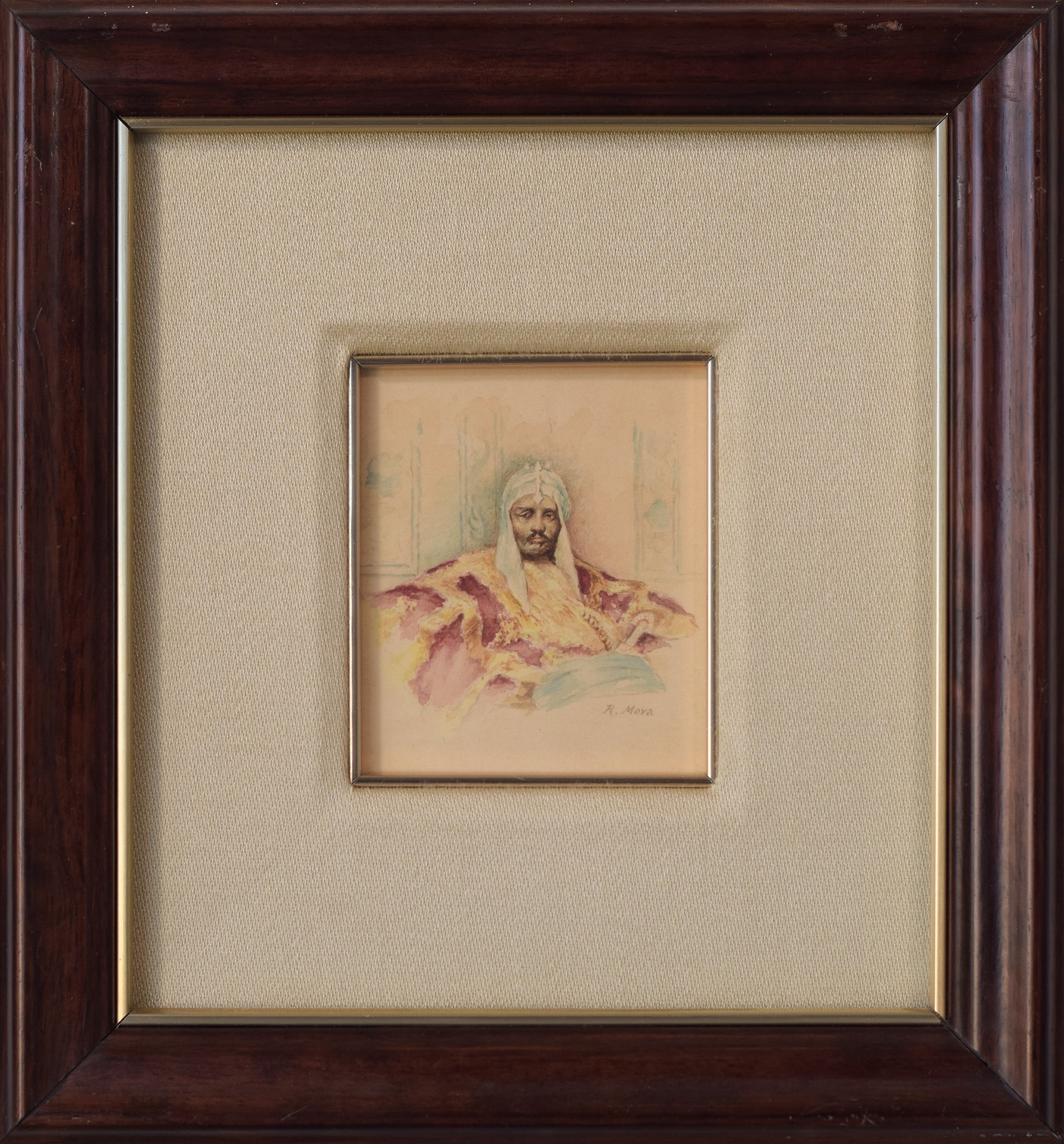 A watercolor painting of a man in a turban sitting in a chair.