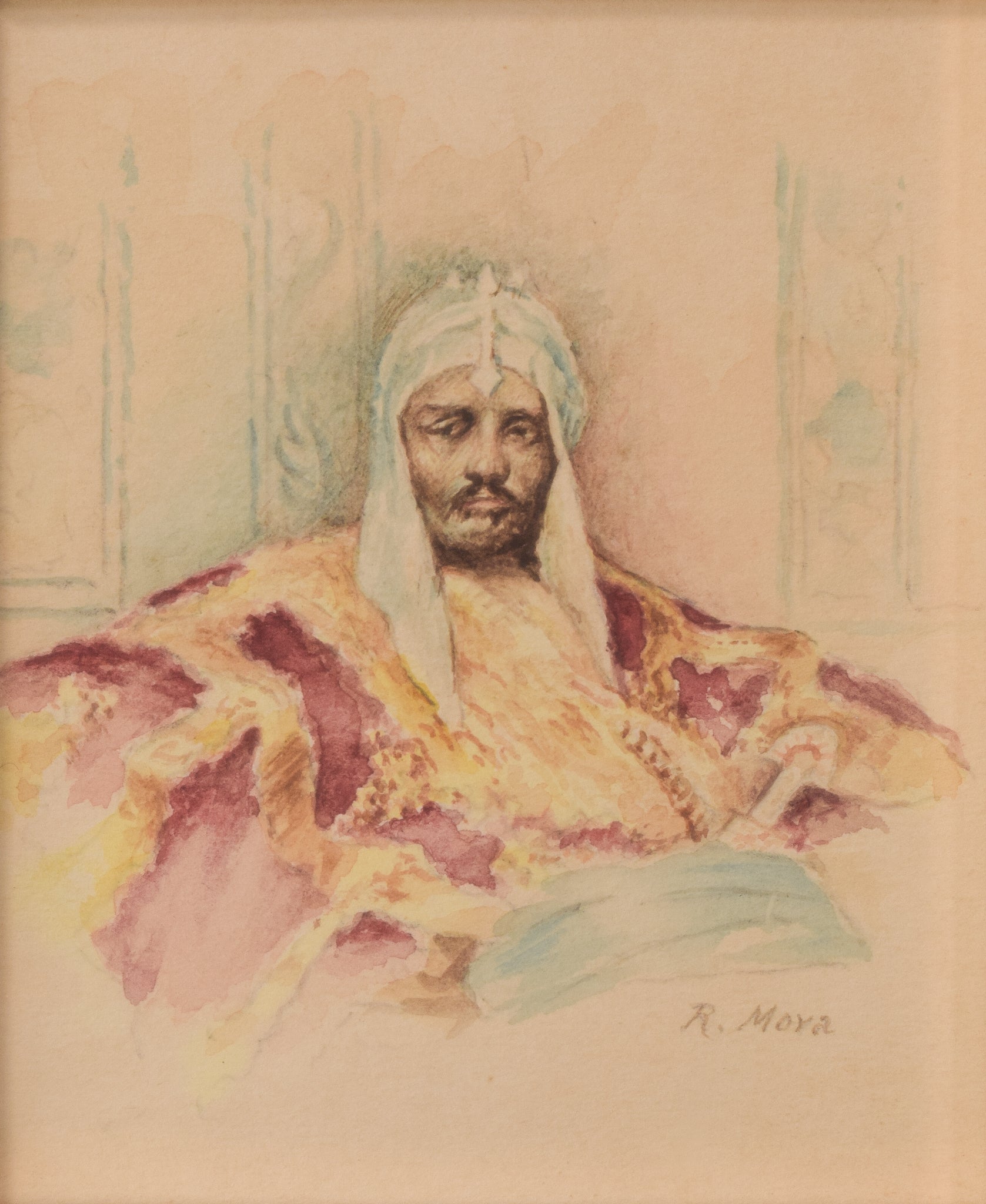 A watercolor painting of a man in a turban sitting in a chair.