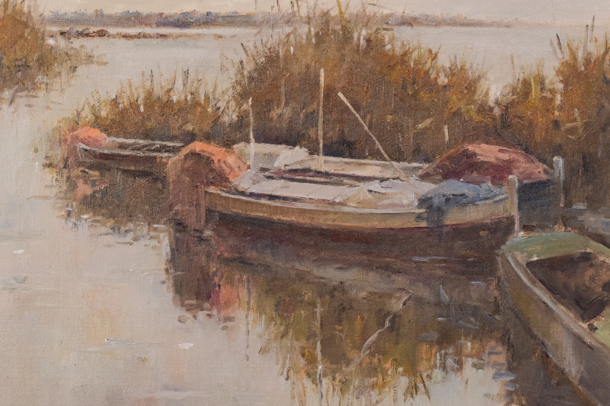 A painting of boats docked on a body of water.