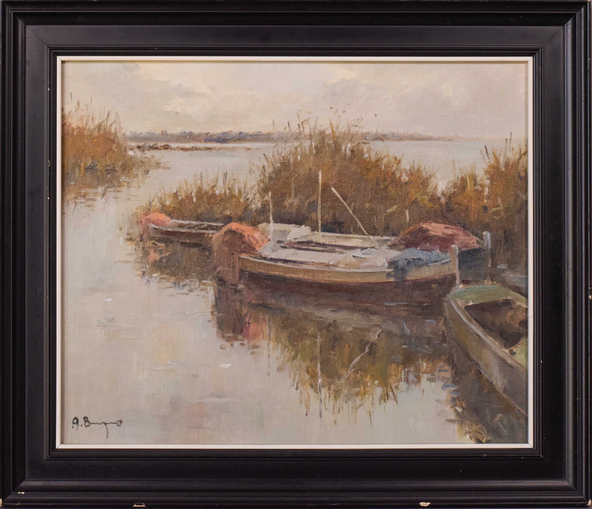 A painting of boats docked on a body of water.