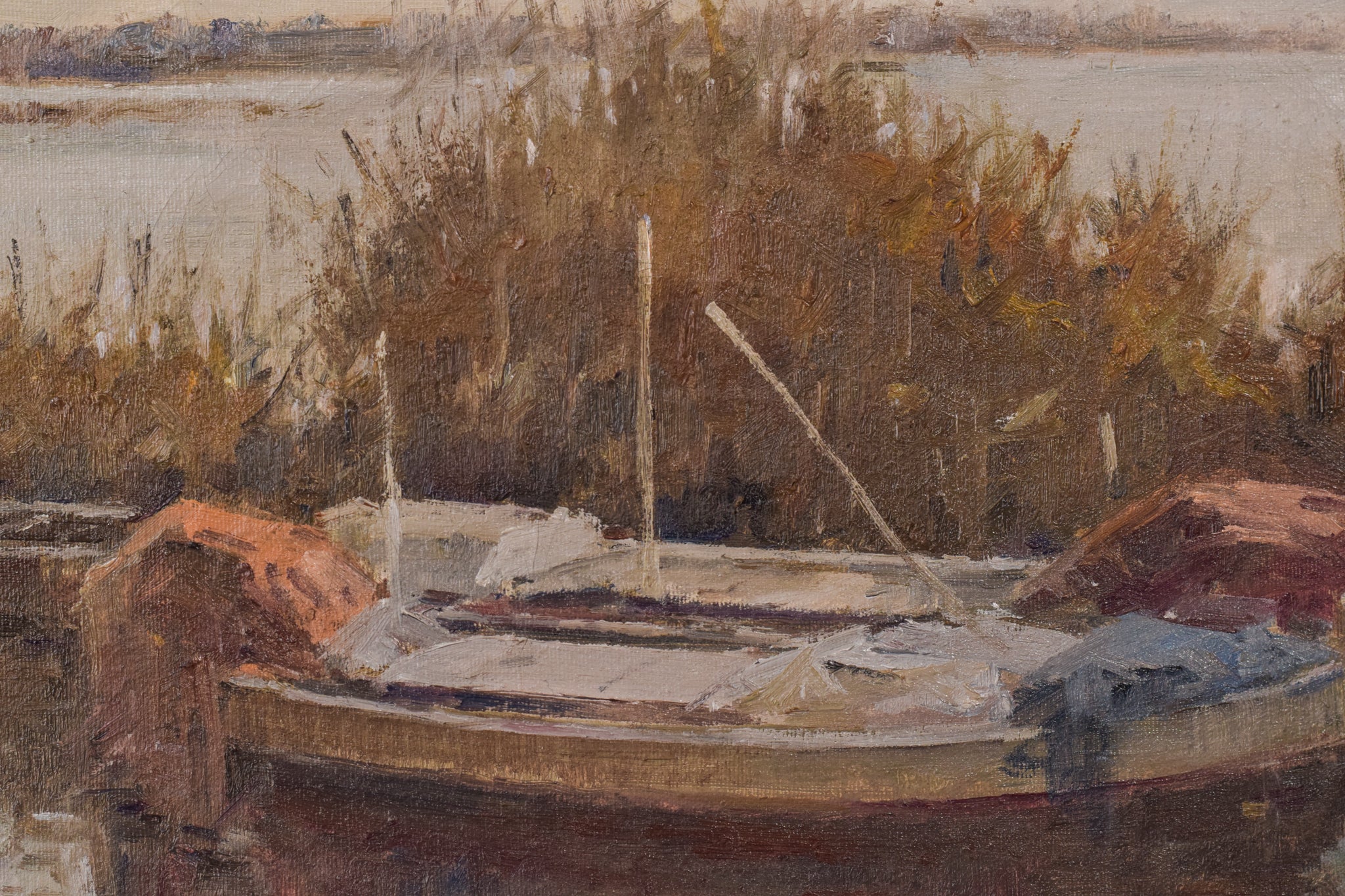 A painting of boats docked on a body of water.