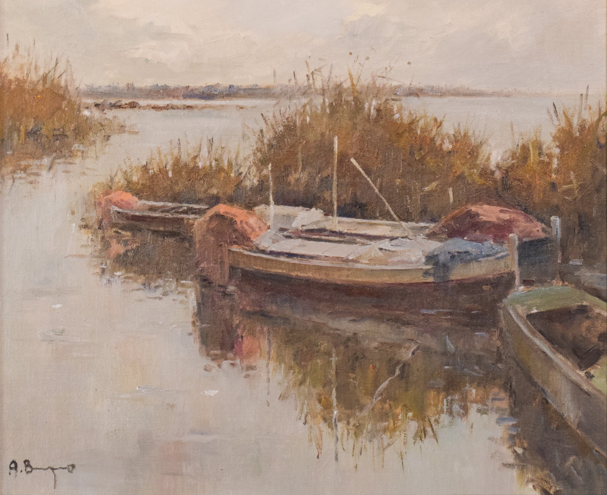 A painting of boats docked on a body of water.