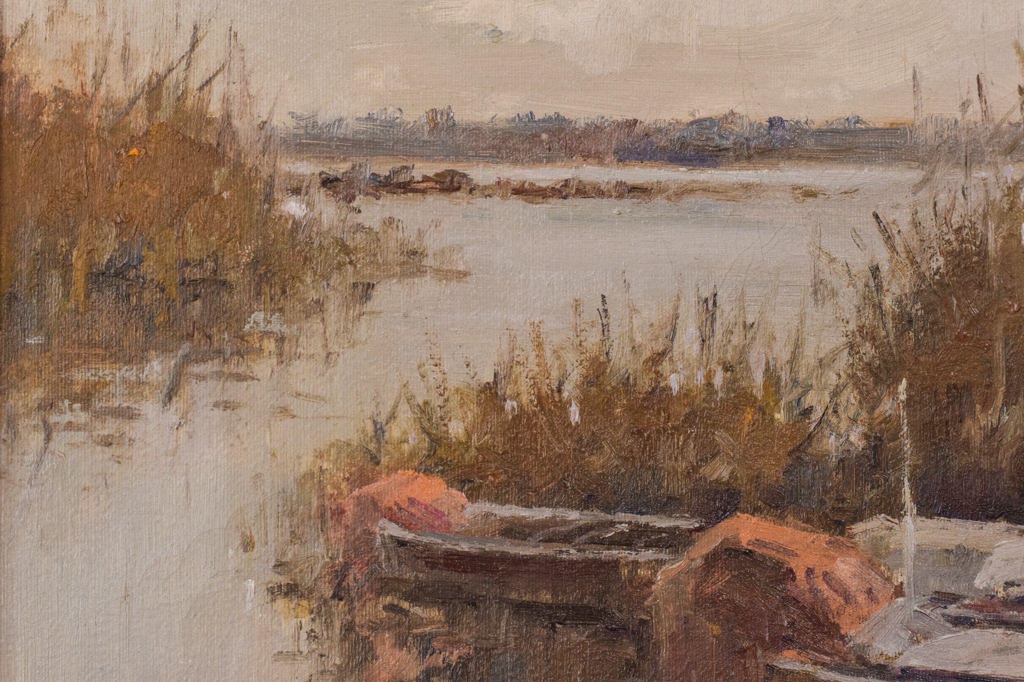 A painting of boats docked on a body of water.