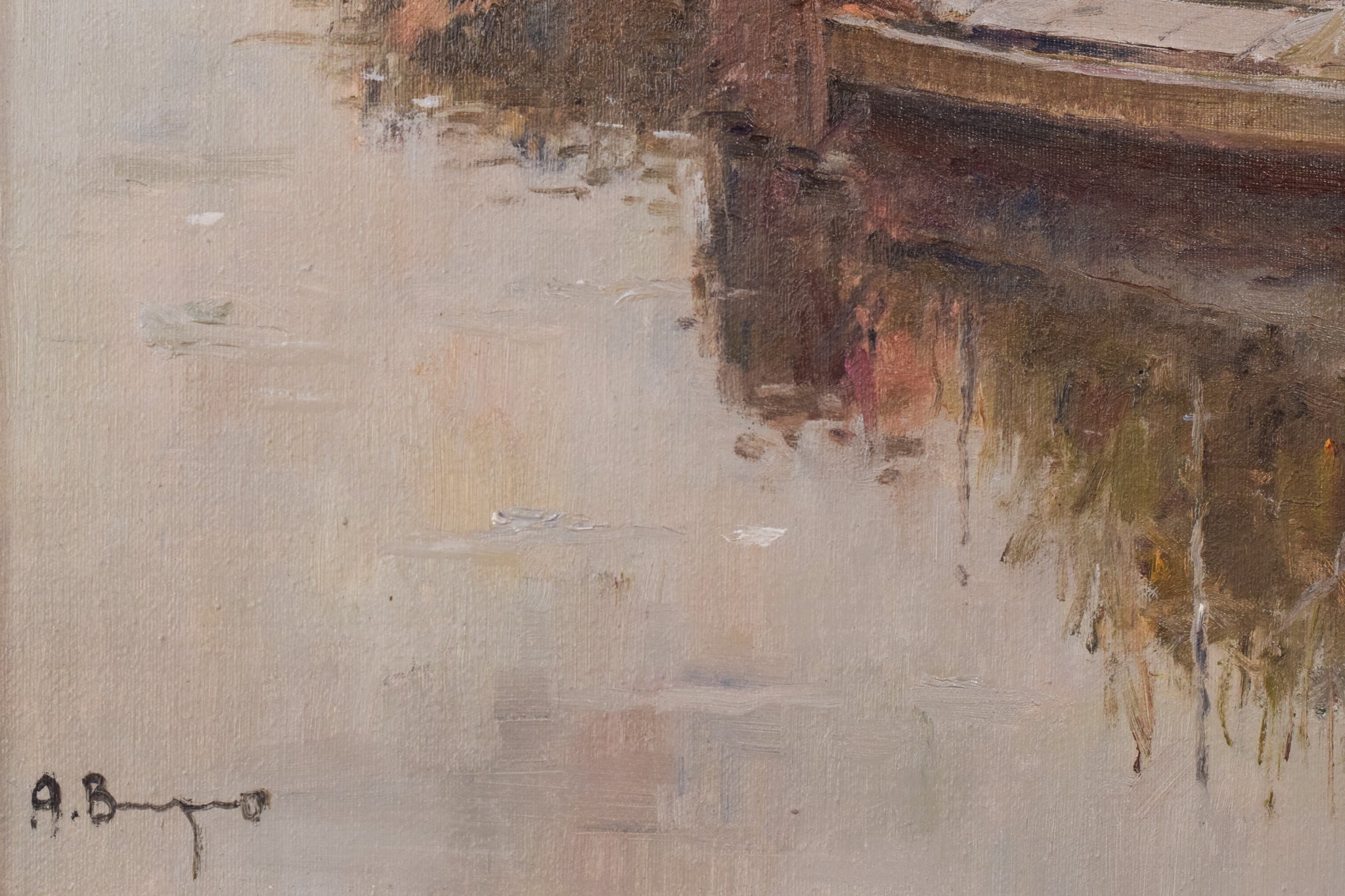 A painting of boats docked on a body of water.