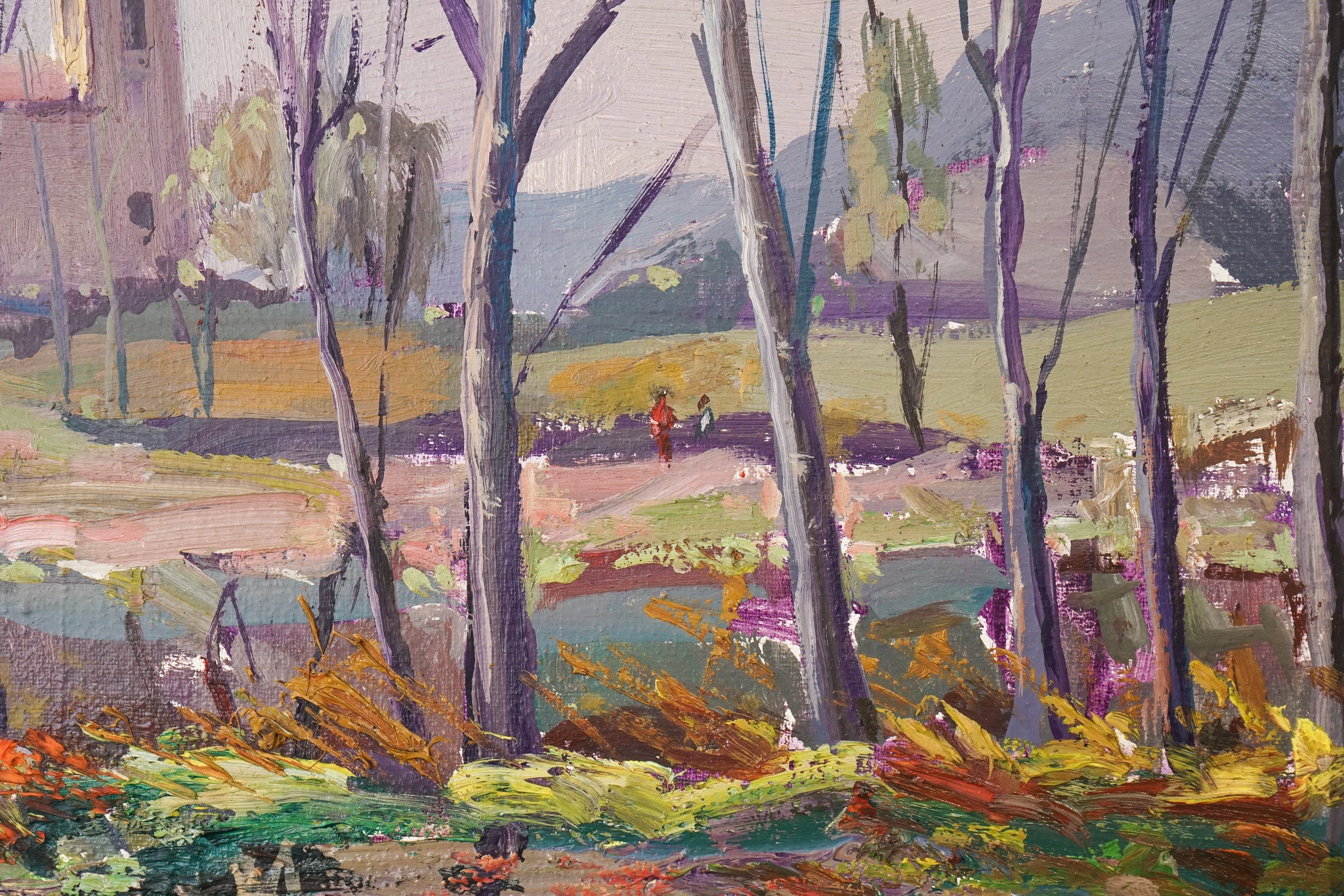 A painting of a landscape with trees and a church in the background.