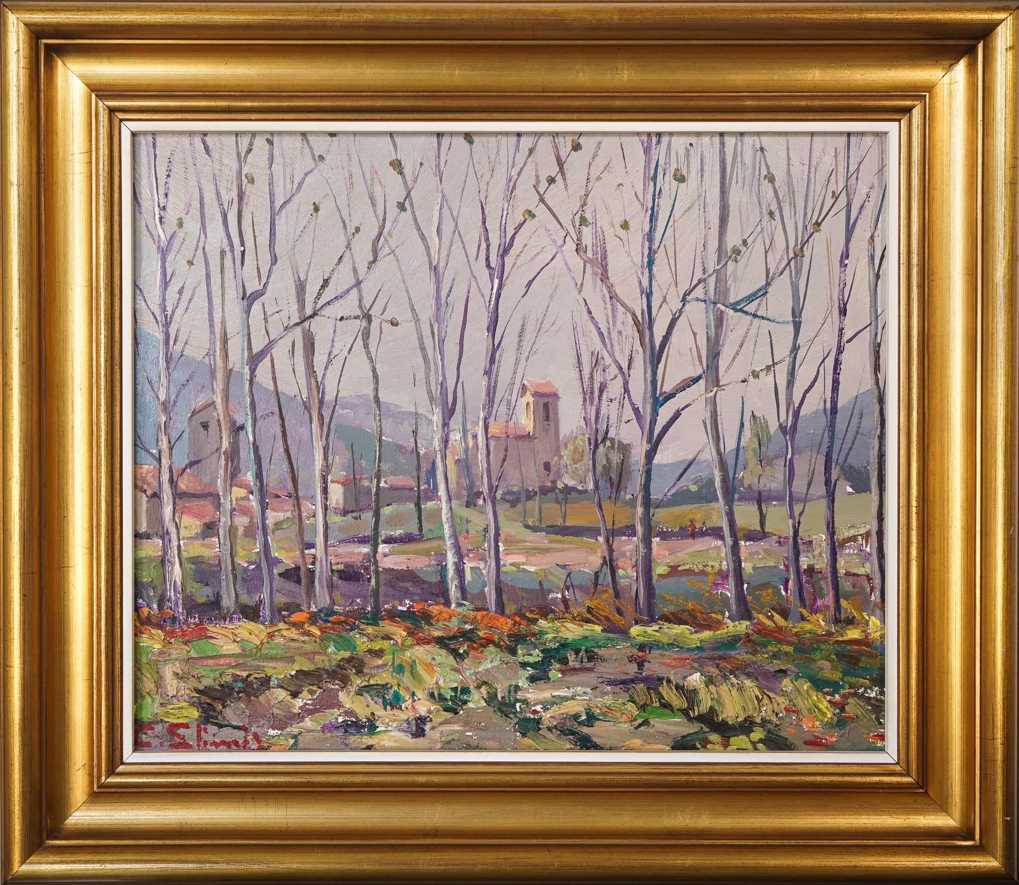 A painting of a landscape with trees and a church in the background.