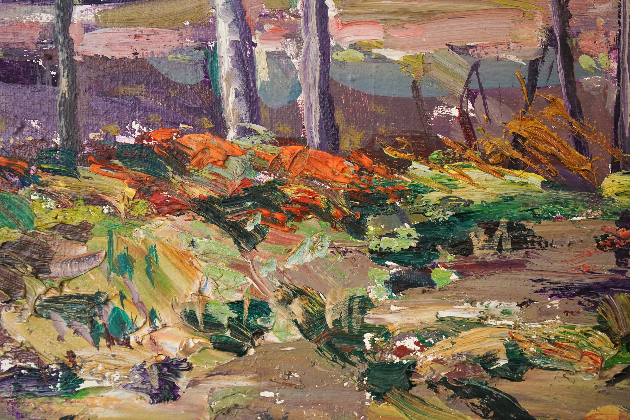 A painting of a landscape with trees and a church in the background.