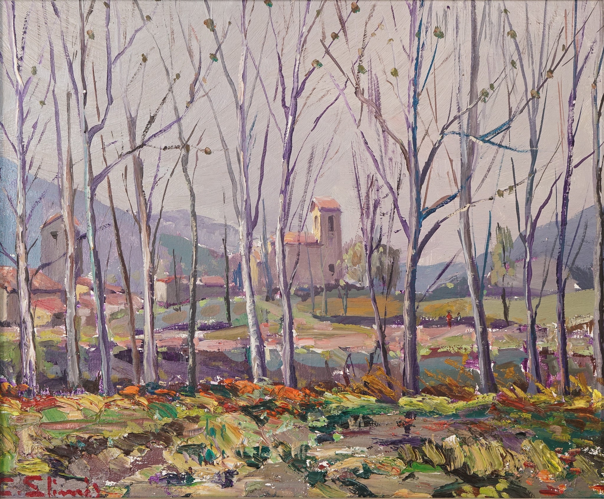 A painting of a landscape with trees and a church in the background.