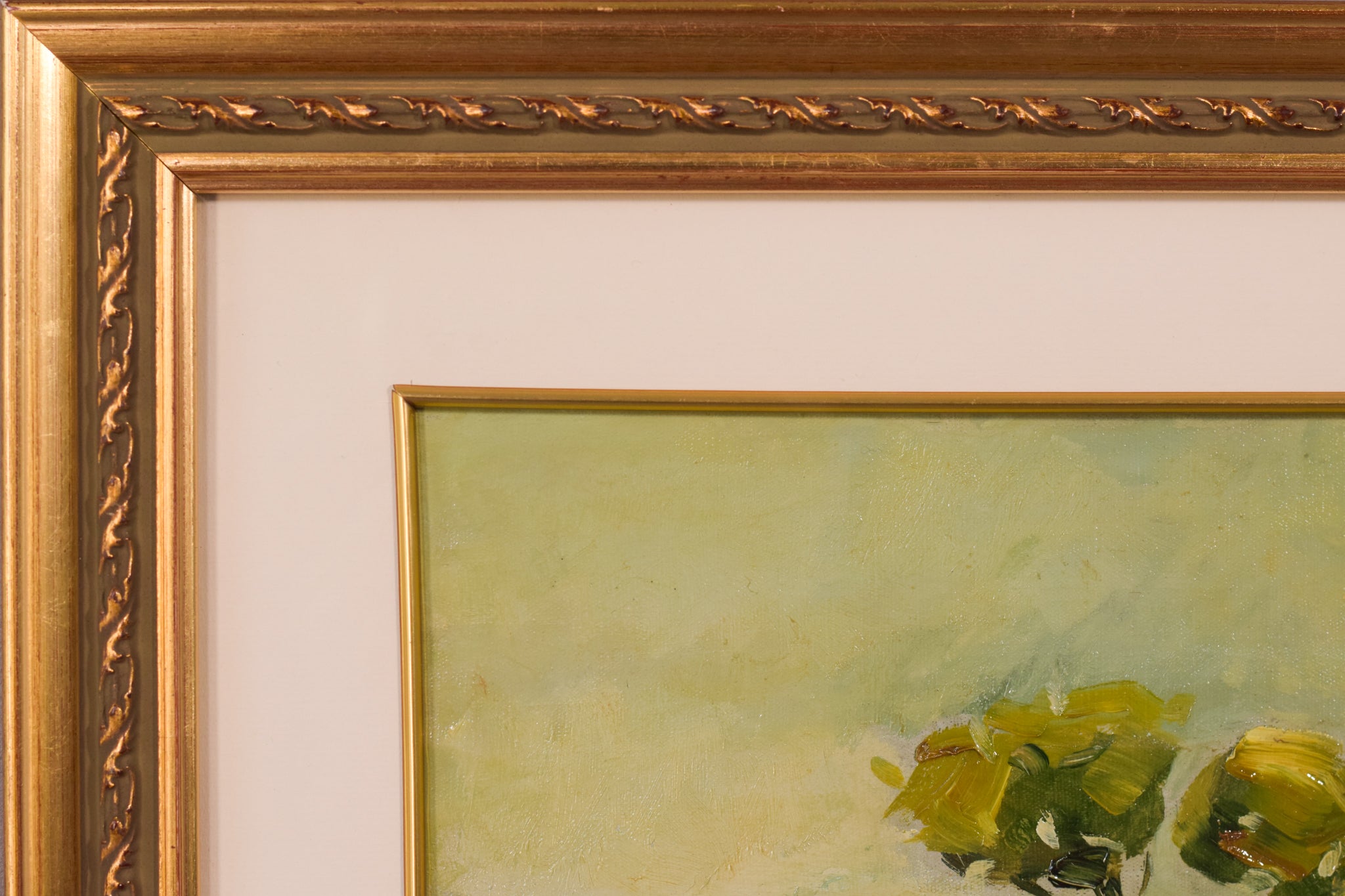 A painting of hay bales in a field with a tree in the background.