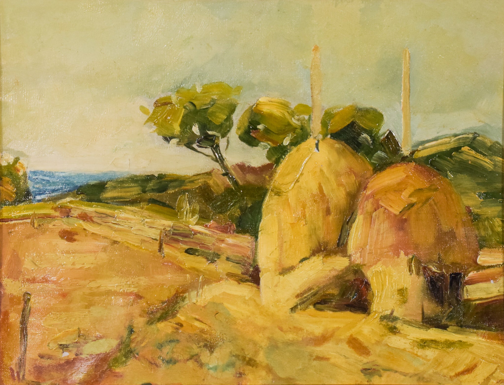 A painting of hay bales in a field with a tree in the background.