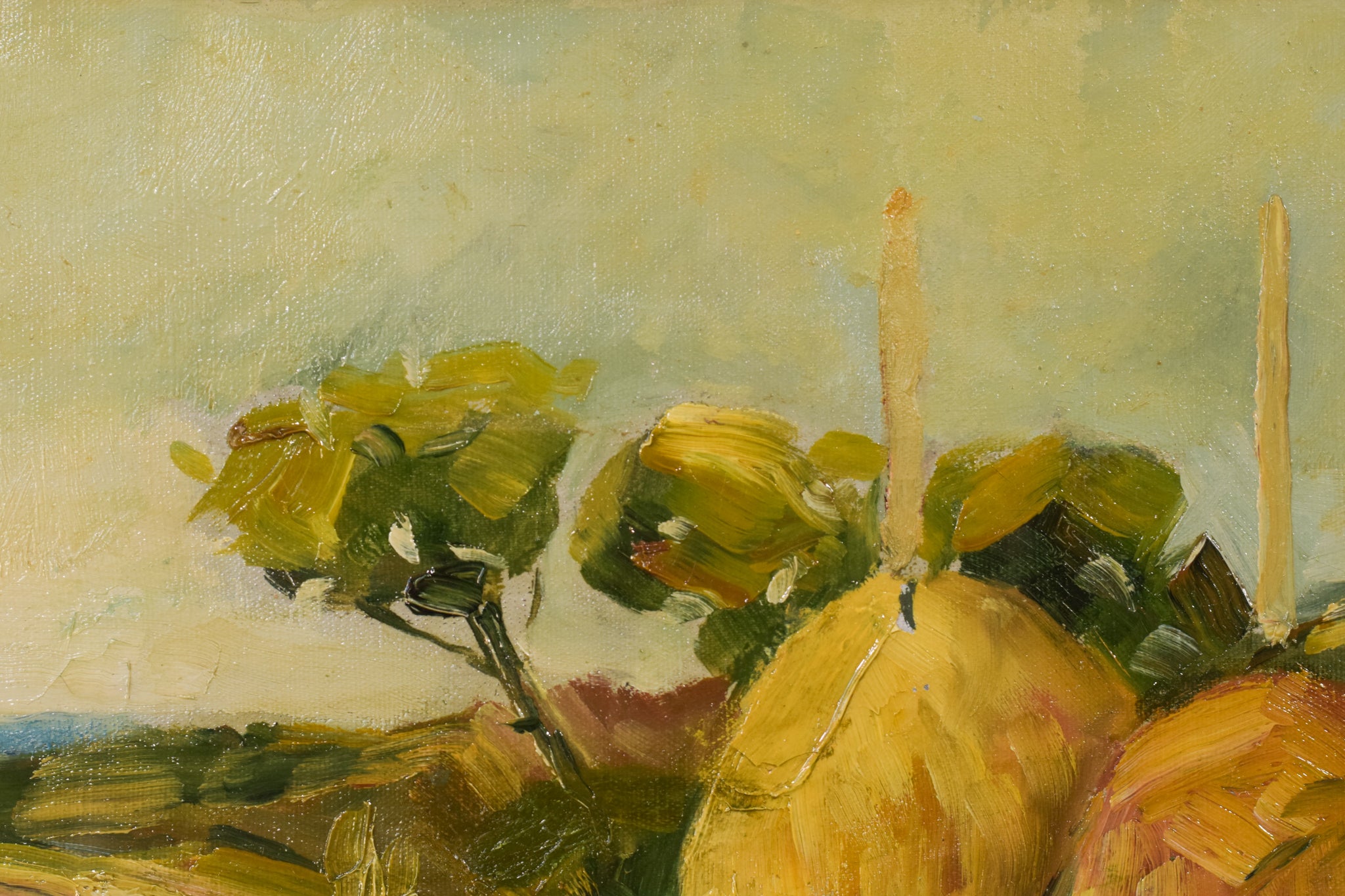 A painting of hay bales in a field with a tree in the background.