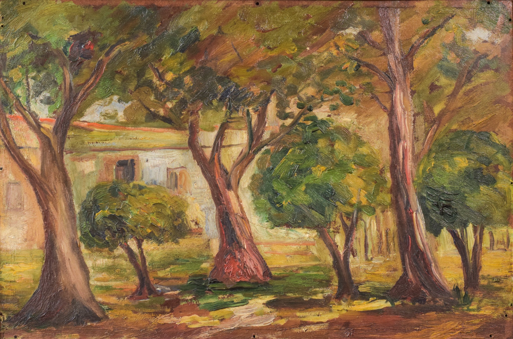 A painting of trees in a wooded area with a house in the background.