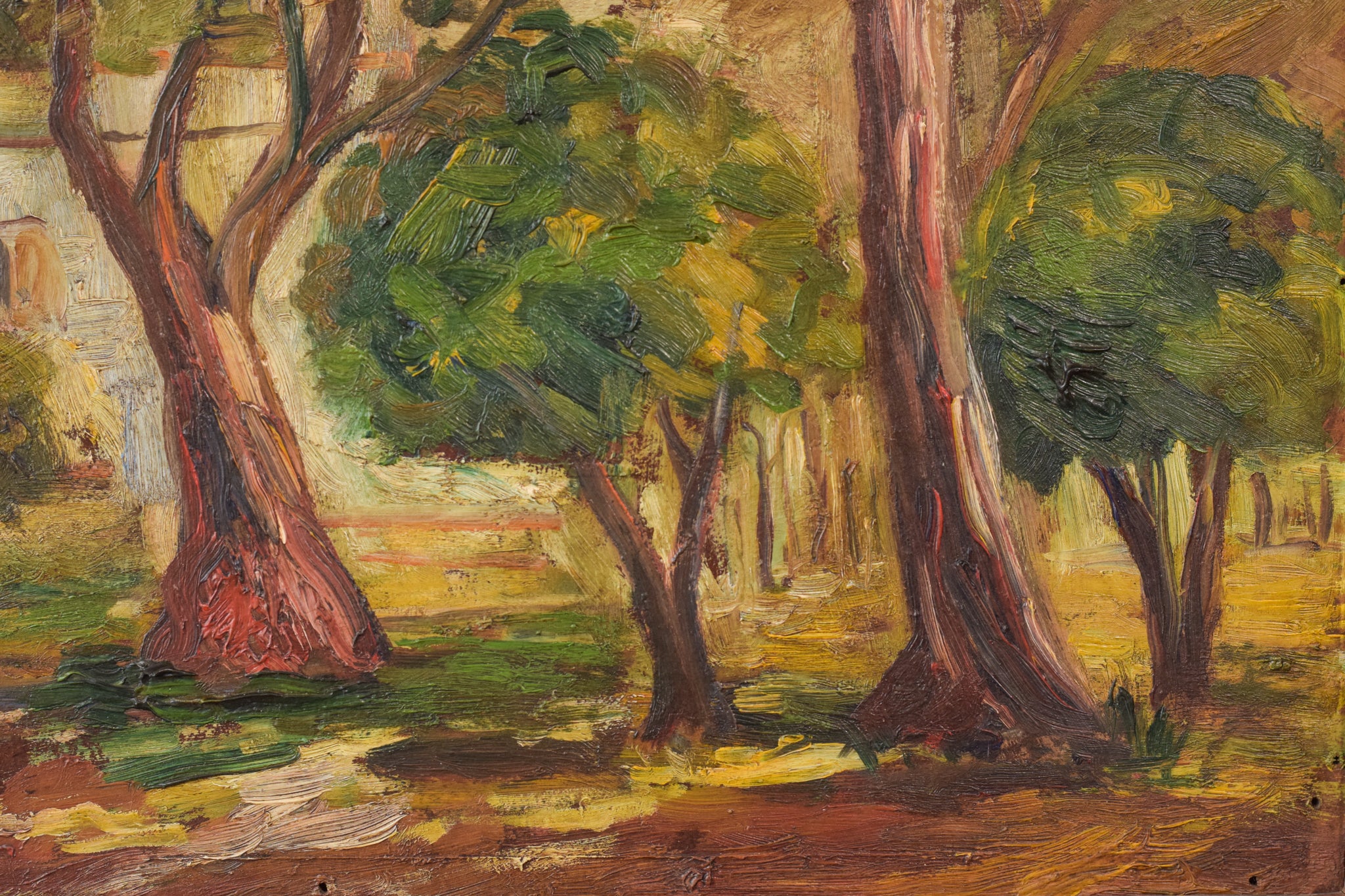A painting of trees in a wooded area with a house in the background.