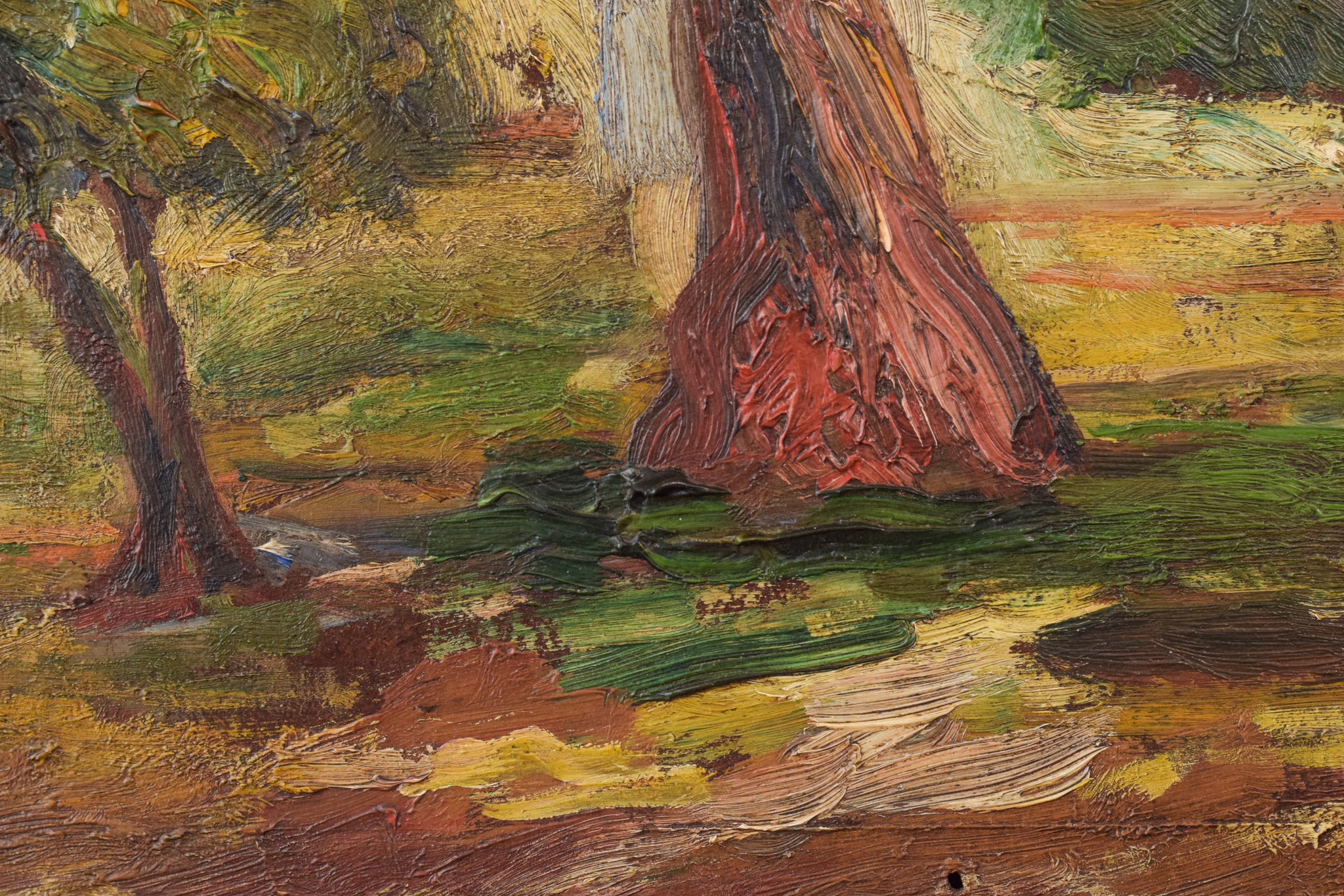 A painting of trees in a wooded area with a house in the background.