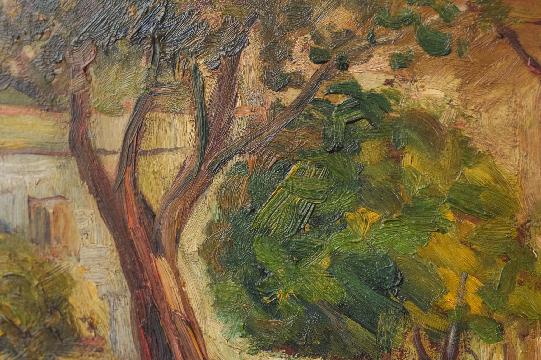 A painting of trees in a wooded area with a house in the background.
