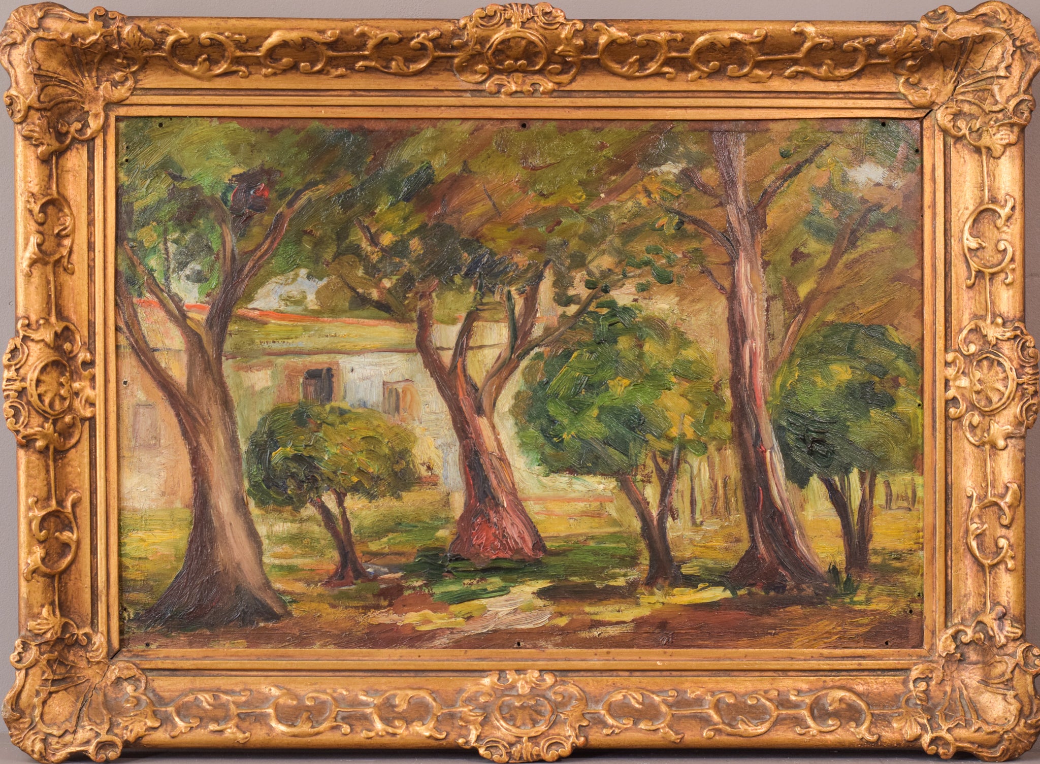 A painting of trees in a wooded area with a house in the background.