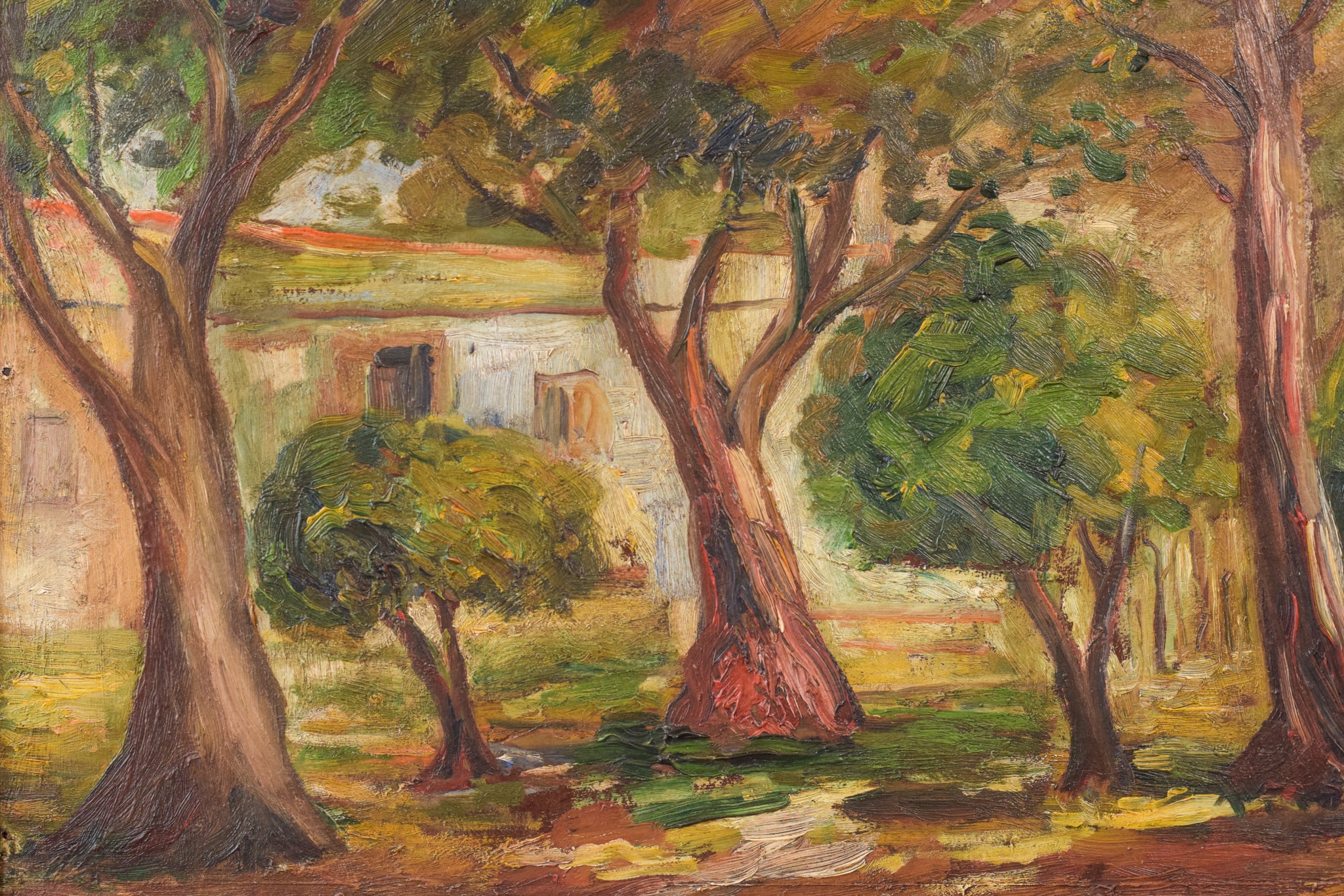 A painting of trees in a wooded area with a house in the background.