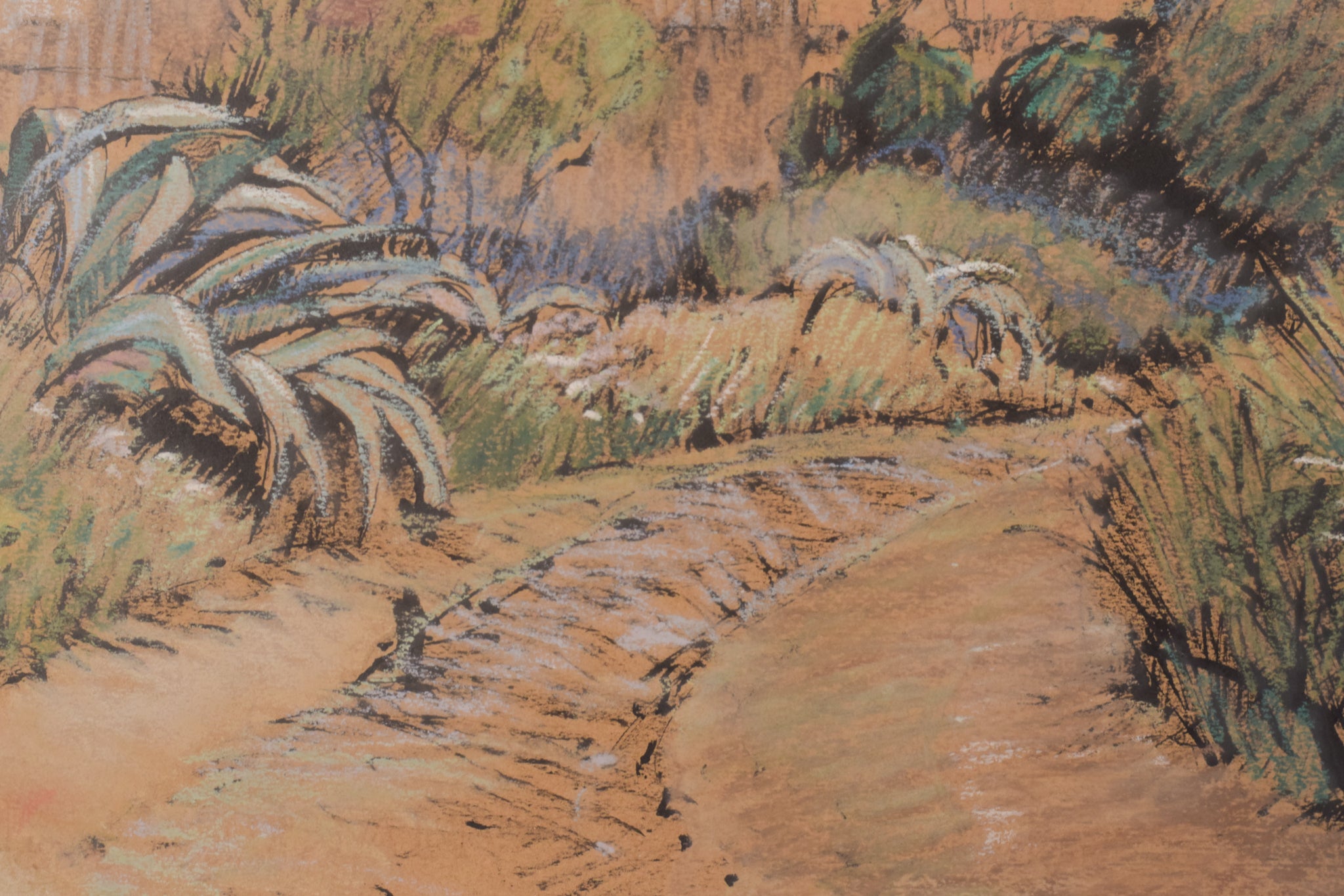 A drawing of a dirt road with a tower in the background.