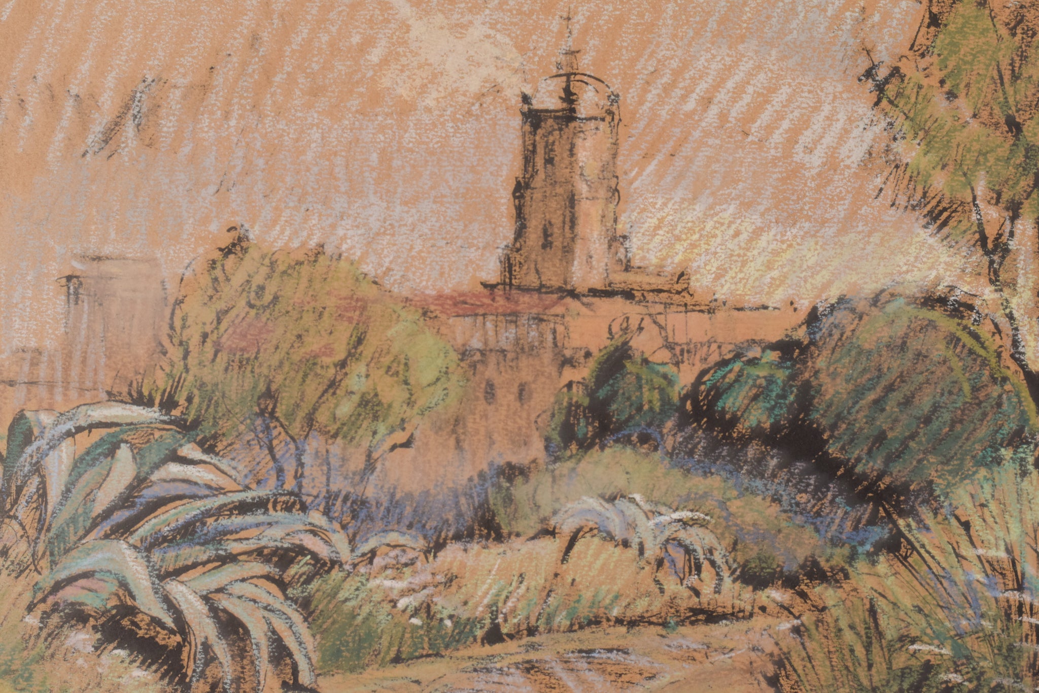 A drawing of a dirt road with a tower in the background.