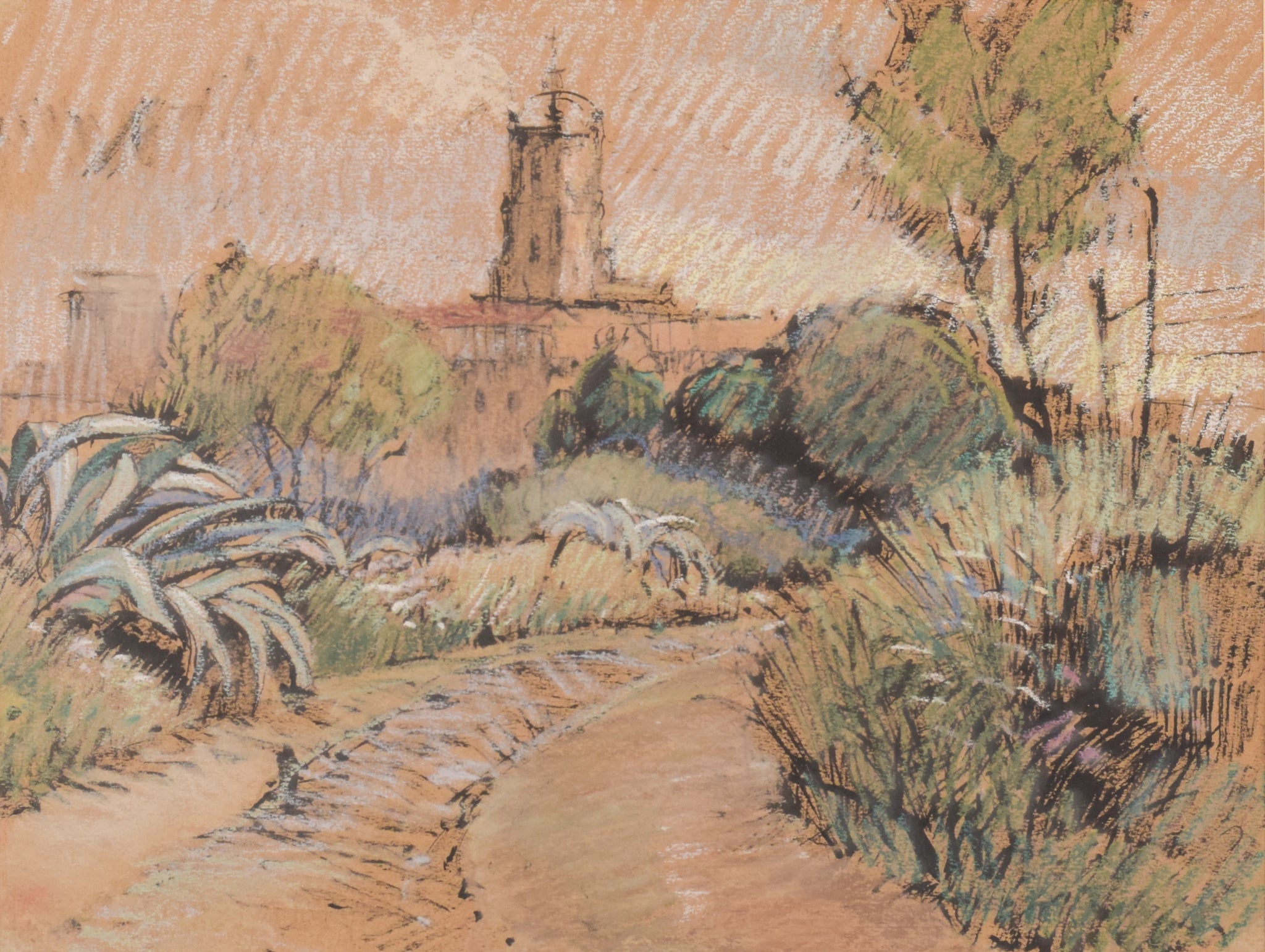 A drawing of a dirt road with a tower in the background.