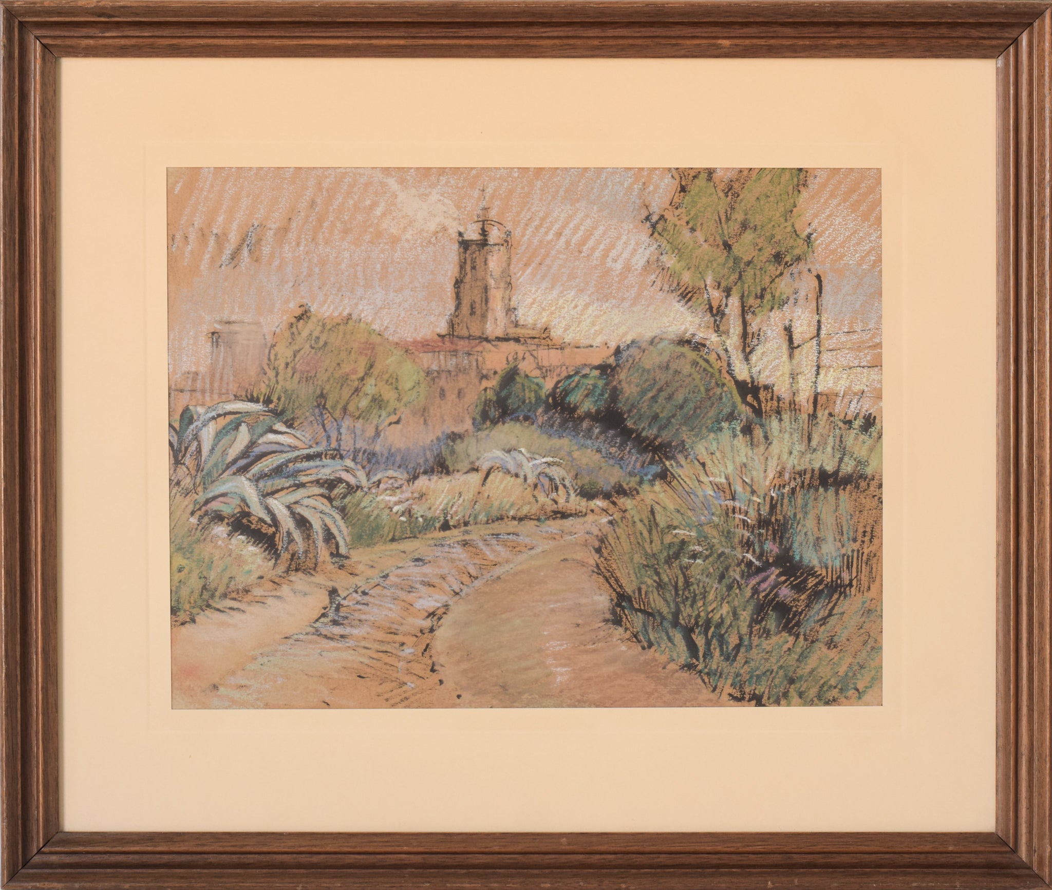 A drawing of a dirt road with a tower in the background.