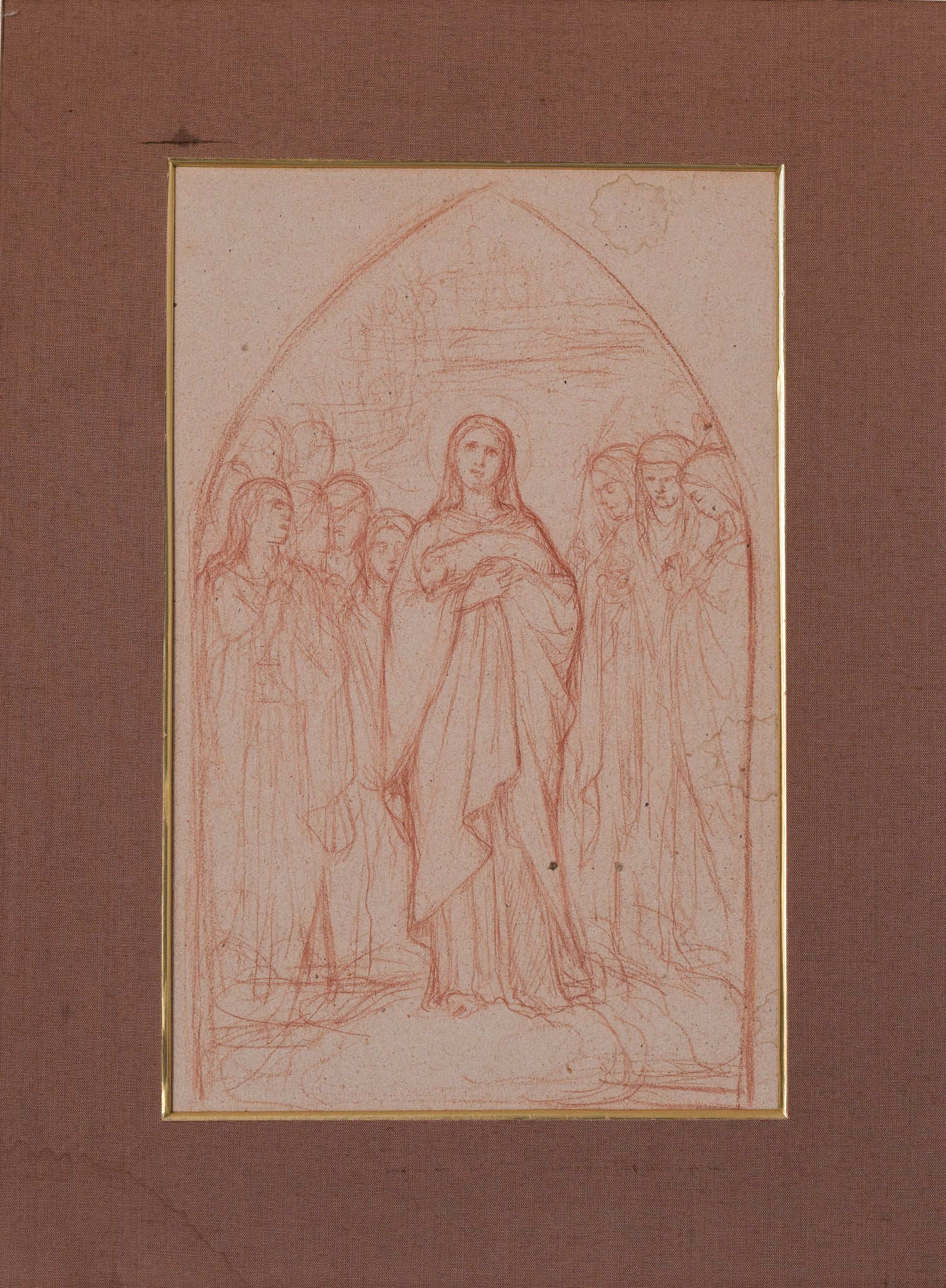 A drawing of a woman standing in front of a group of people.