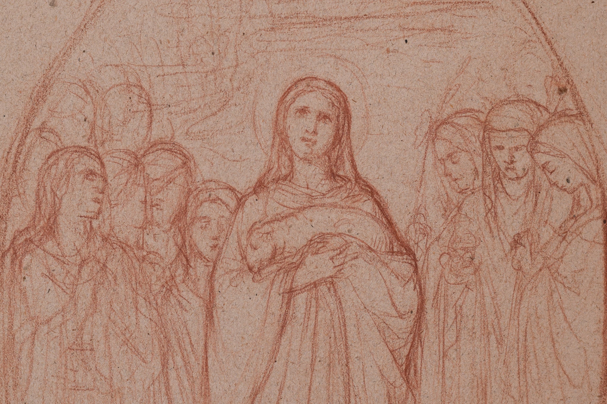 A drawing of a woman standing in front of a group of people.