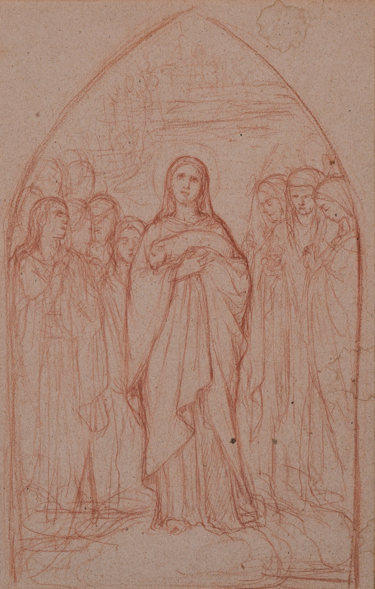 A drawing of a woman standing in front of a group of people.