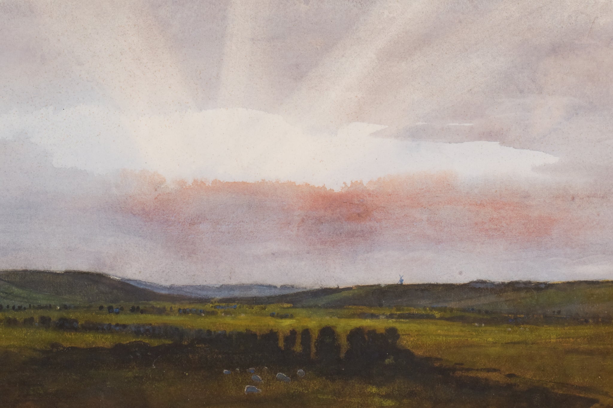 A painting of a field with a sunset in the background.