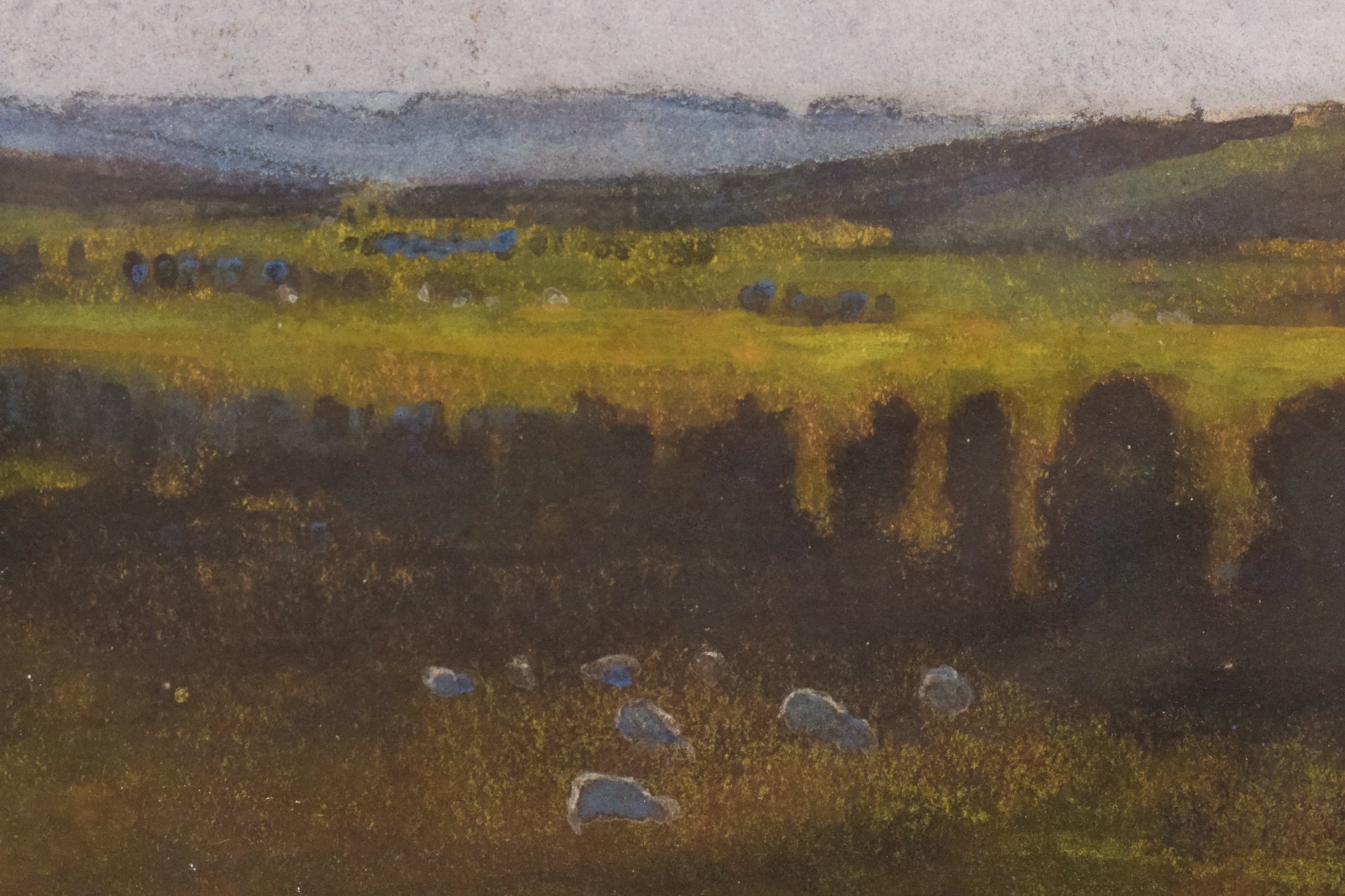 A painting of a field with a sunset in the background.