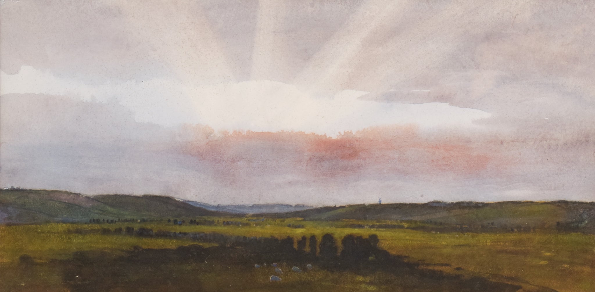 A painting of a field with a sunset in the background.