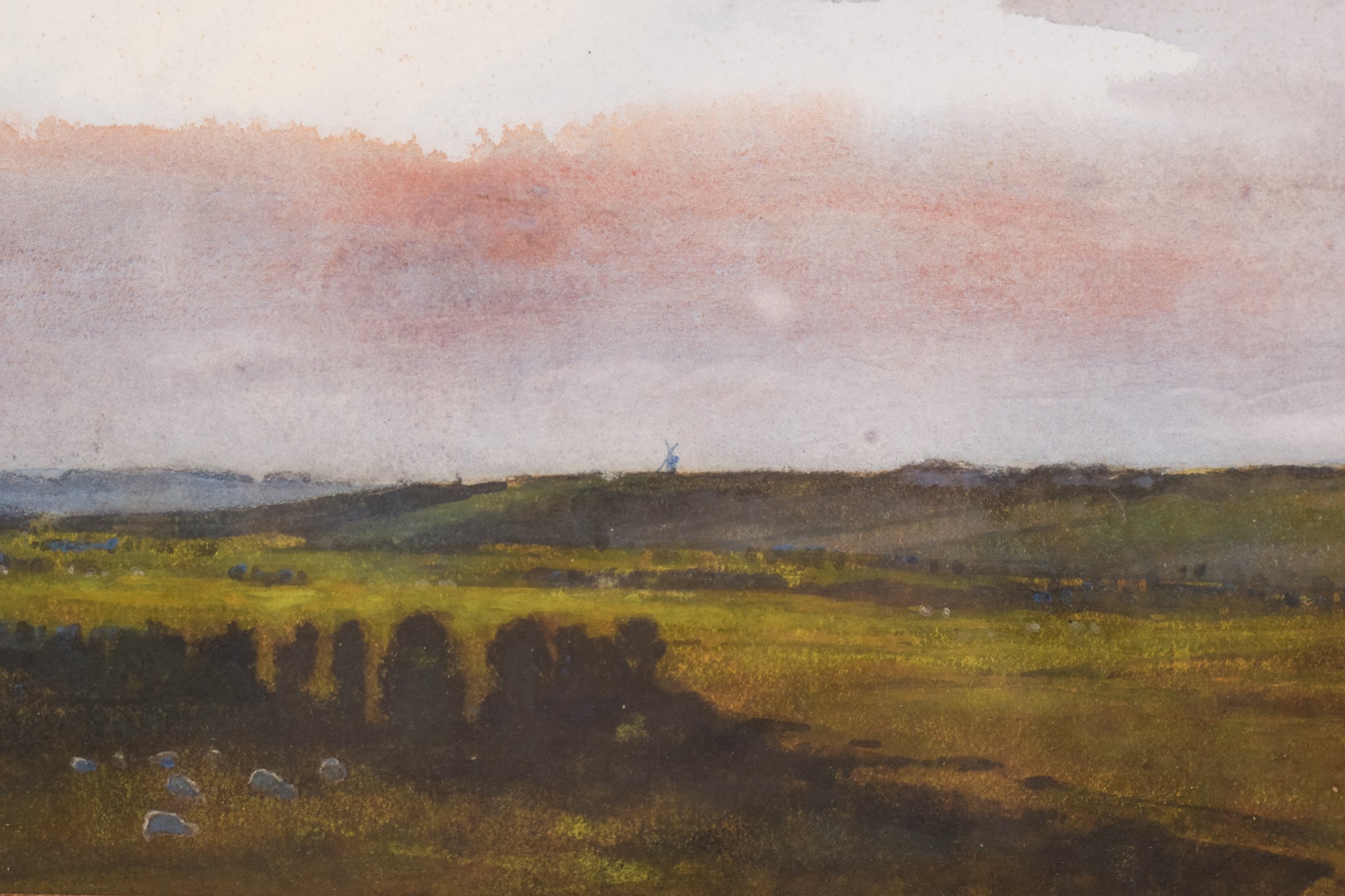 A painting of a field with a sunset in the background.