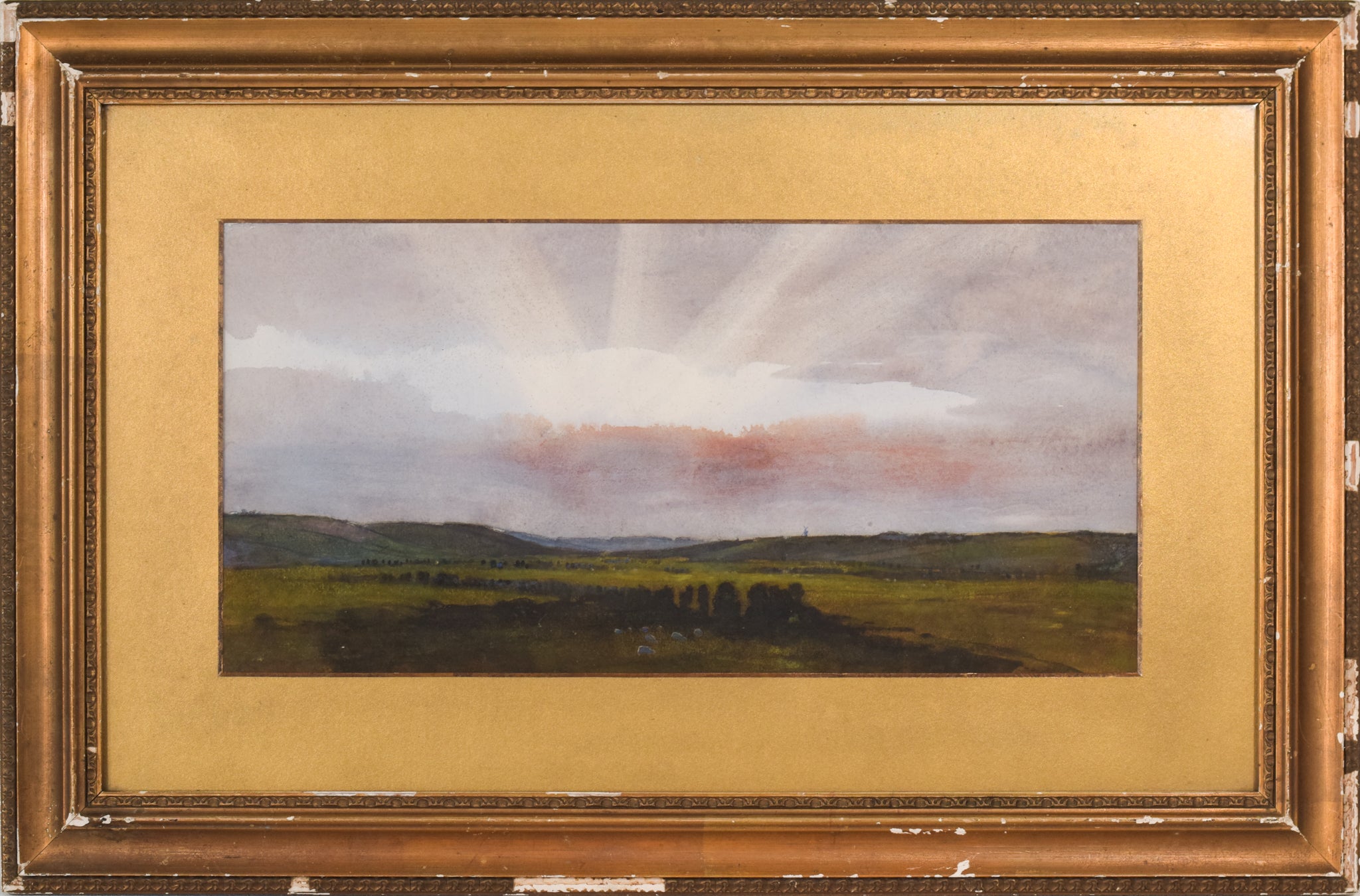 A painting of a field with a sunset in the background.