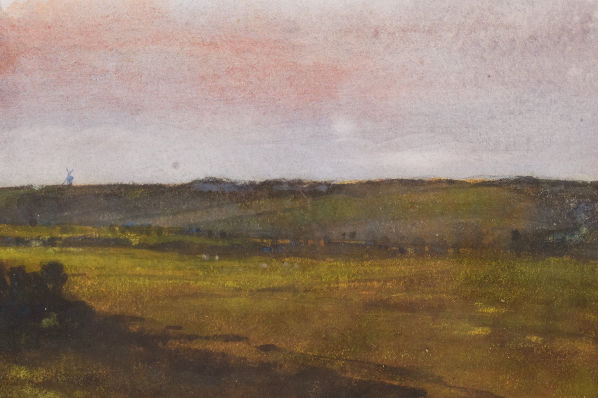 A painting of a field with a sunset in the background.