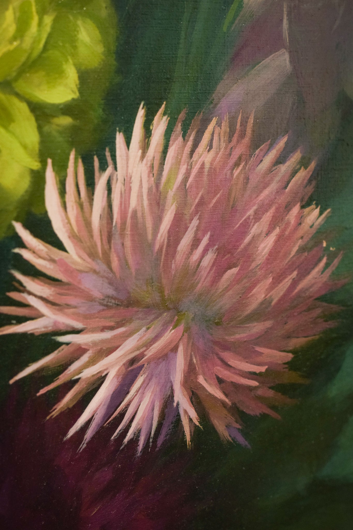 A painting of a bouquet of flowers on a green background.