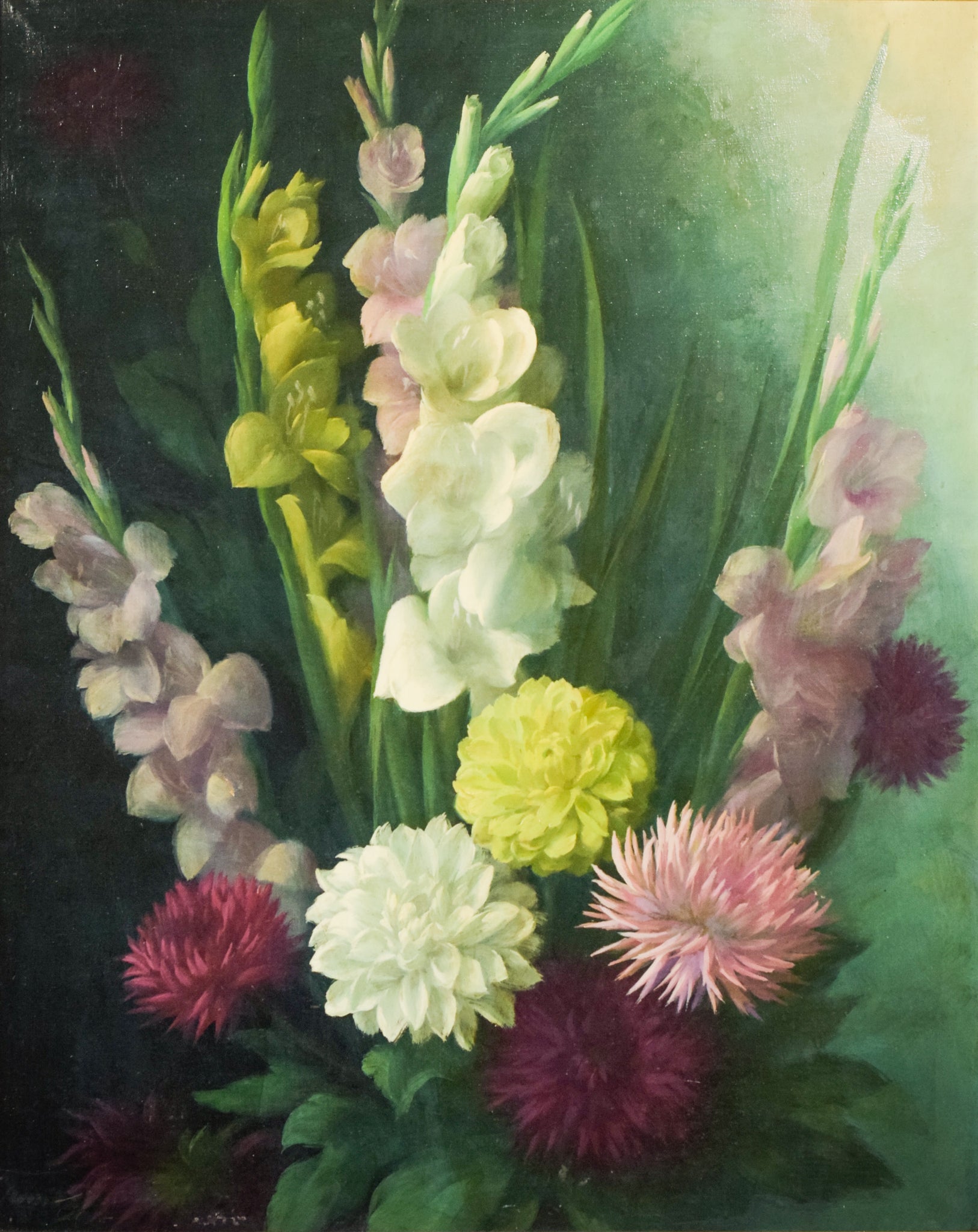 A painting of a bouquet of flowers on a green background.