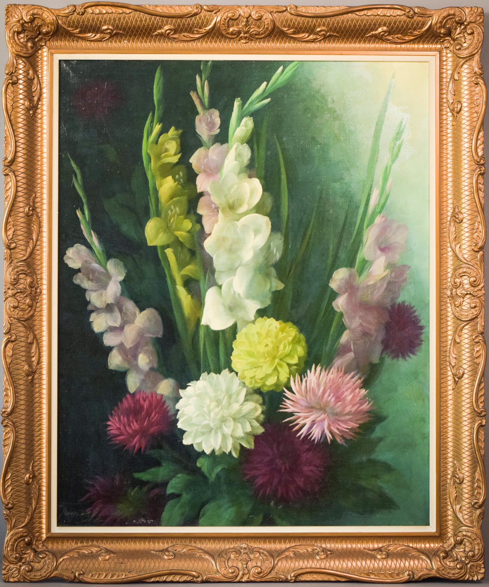 A painting of a bouquet of flowers on a green background.