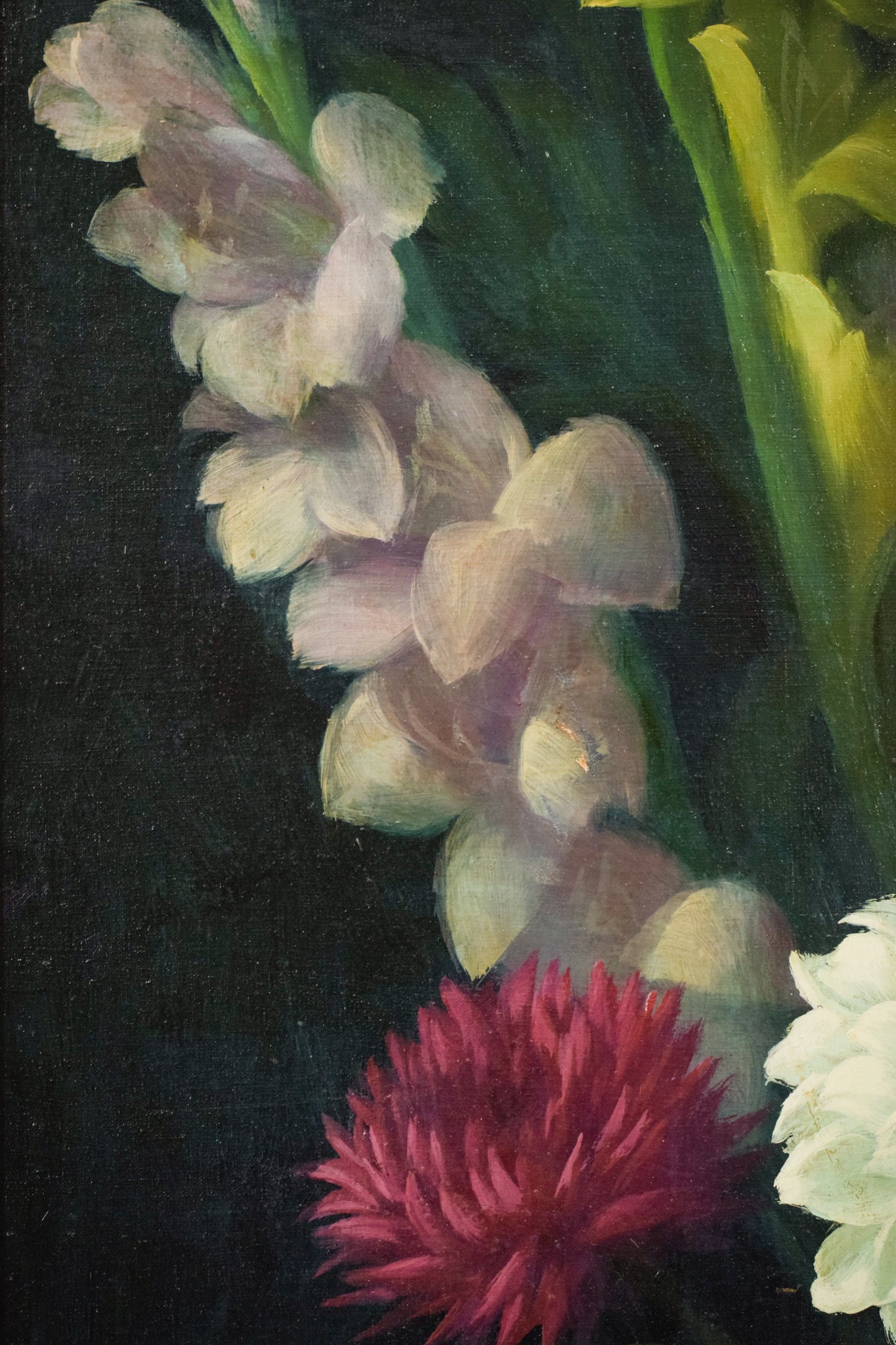A painting of a bouquet of flowers on a green background.