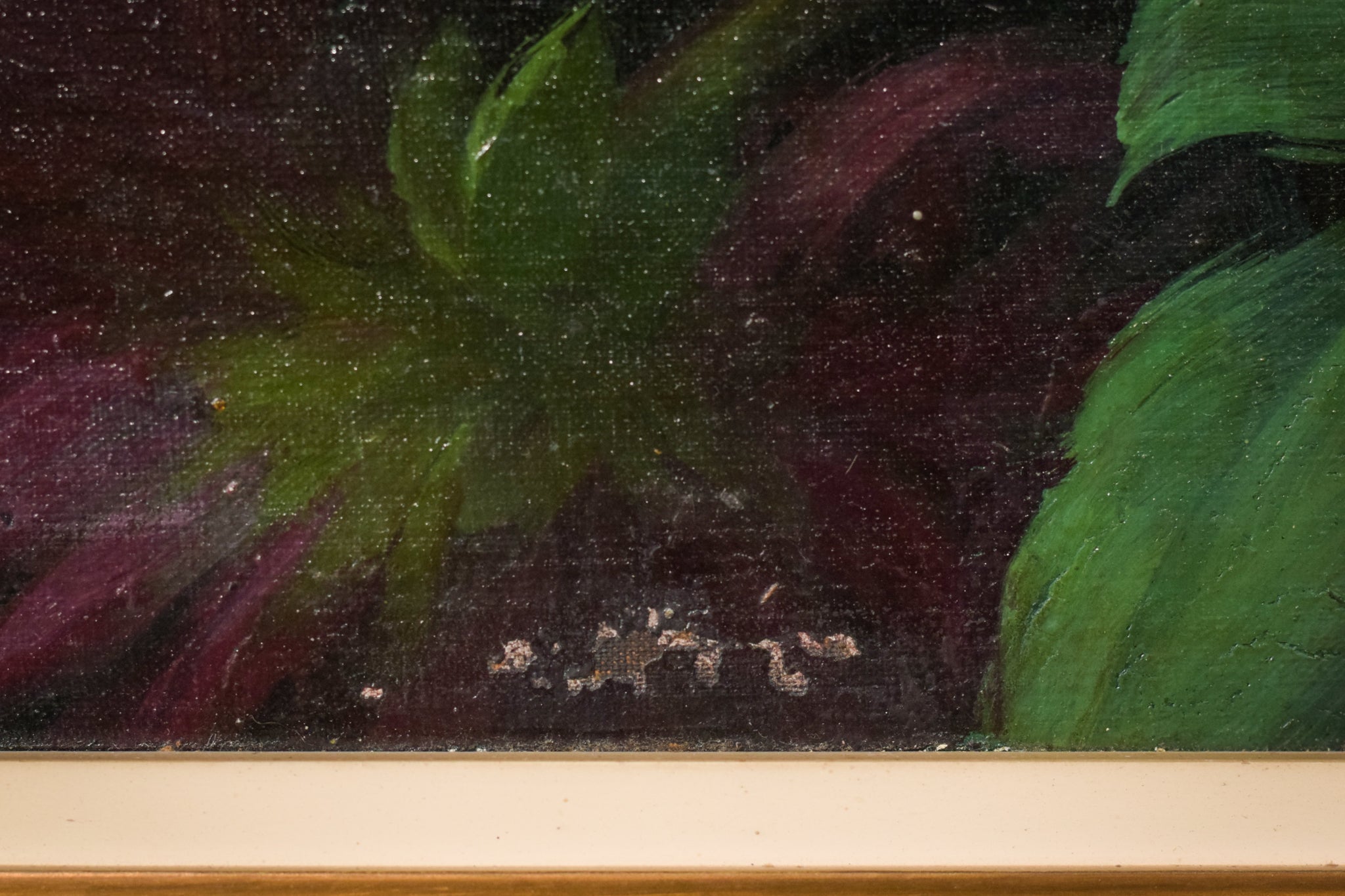 A painting of a bouquet of flowers on a green background.