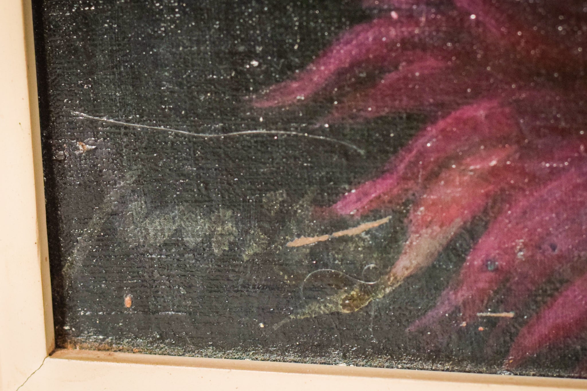 A painting of a bouquet of flowers on a green background.