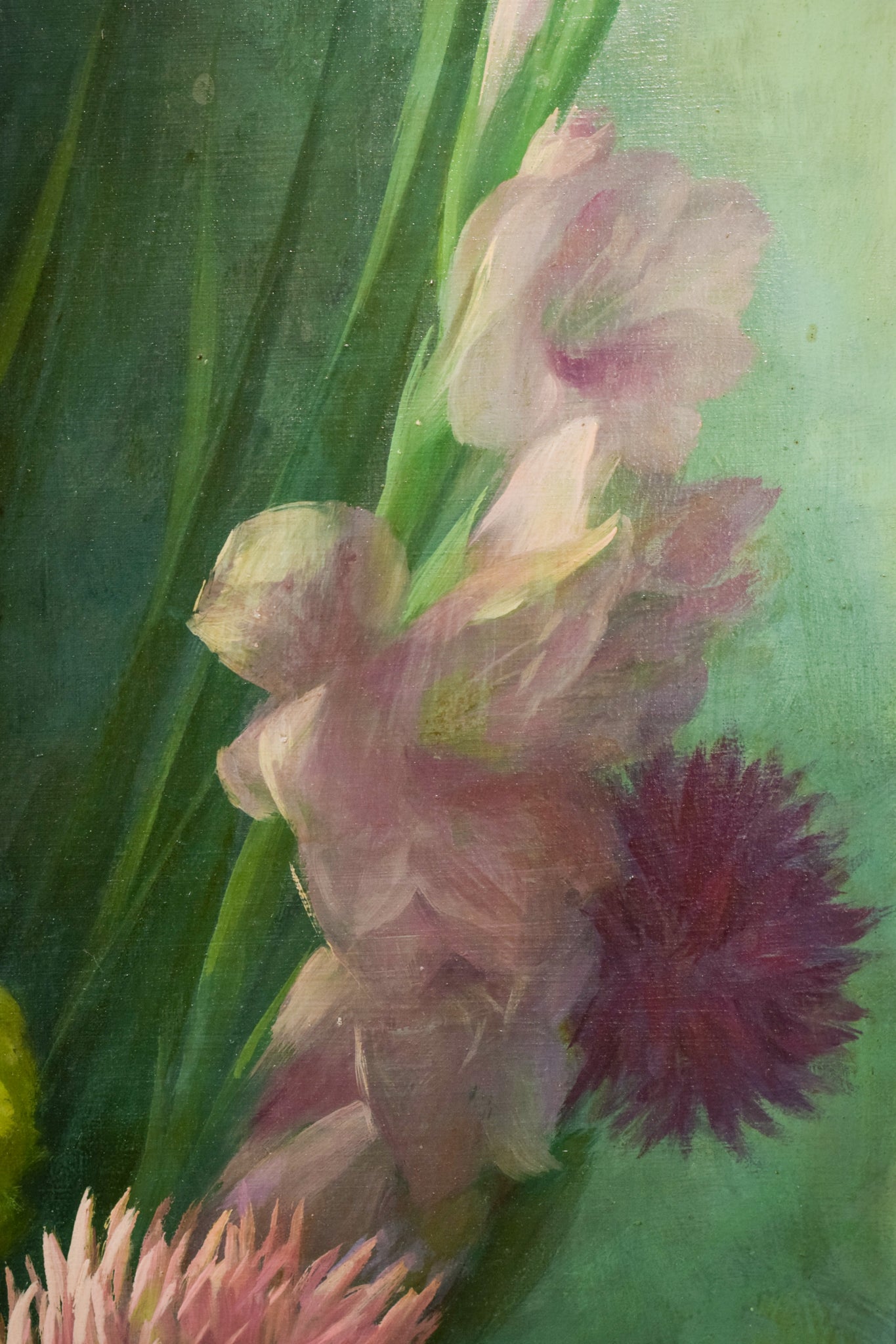 A painting of a bouquet of flowers on a green background.