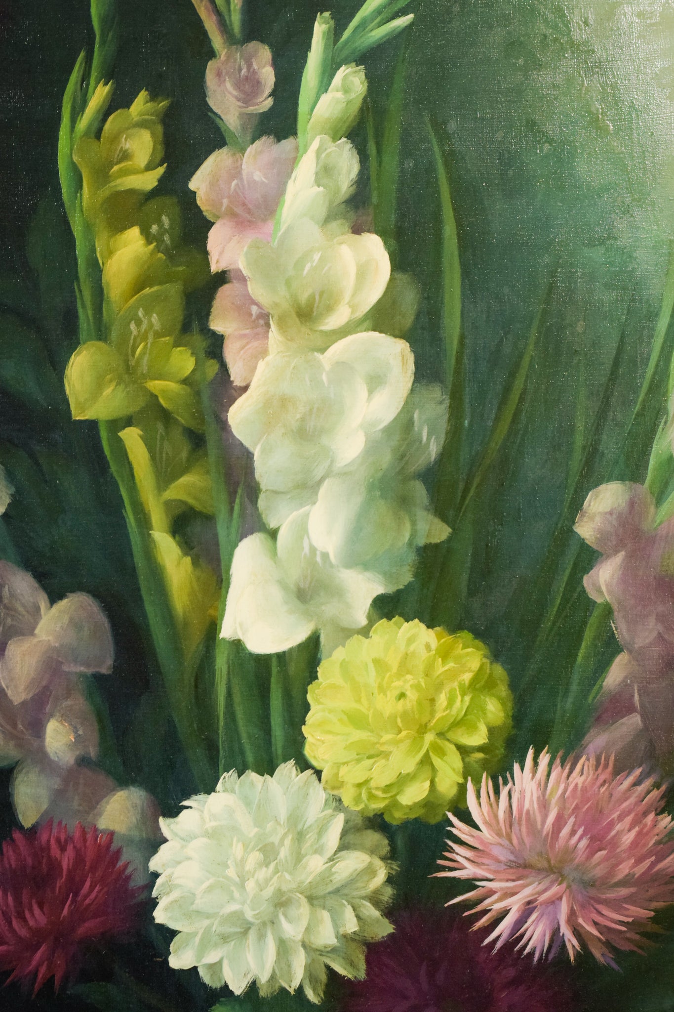 A painting of a bouquet of flowers on a green background.