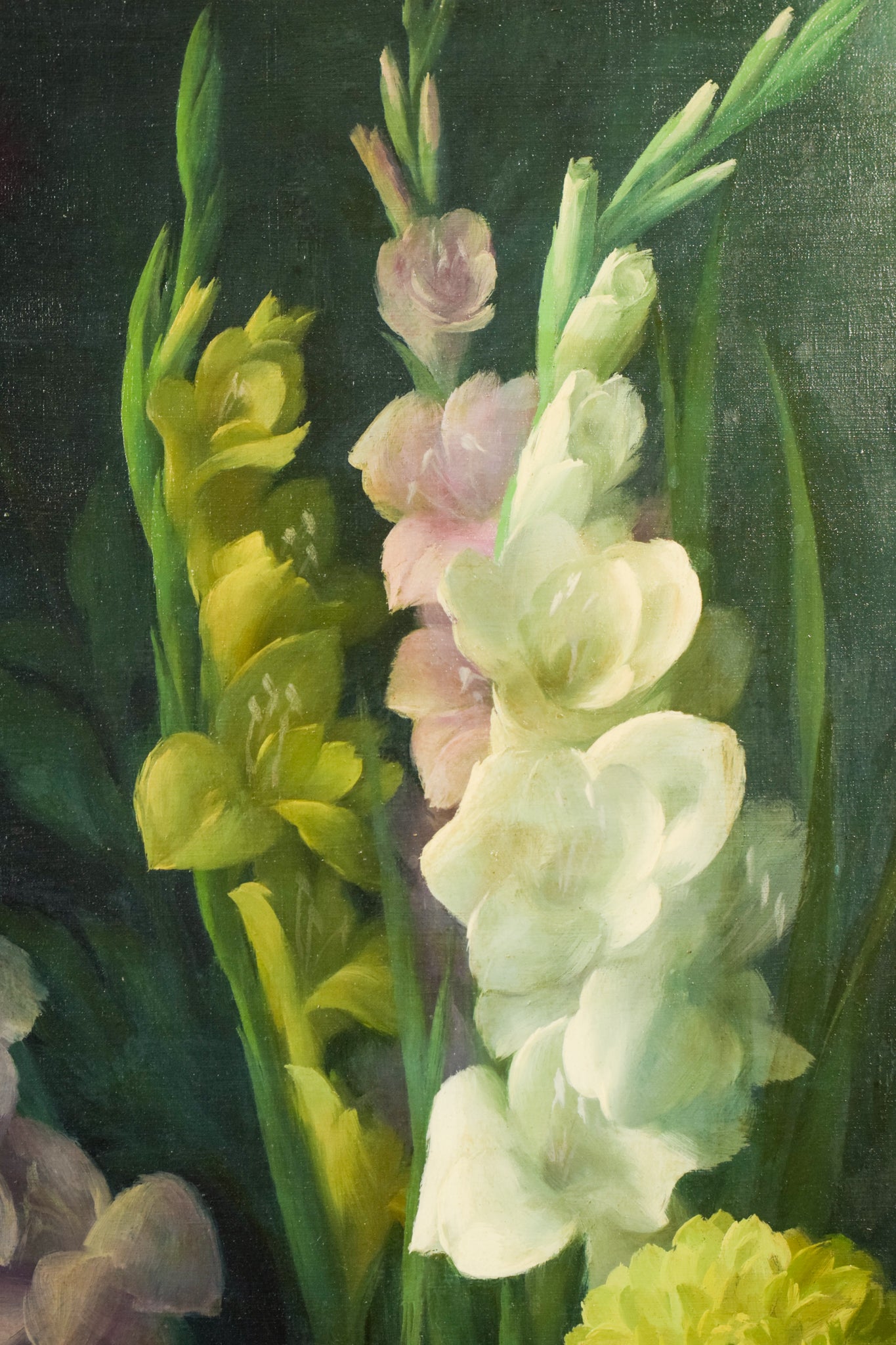A painting of a bouquet of flowers on a green background.