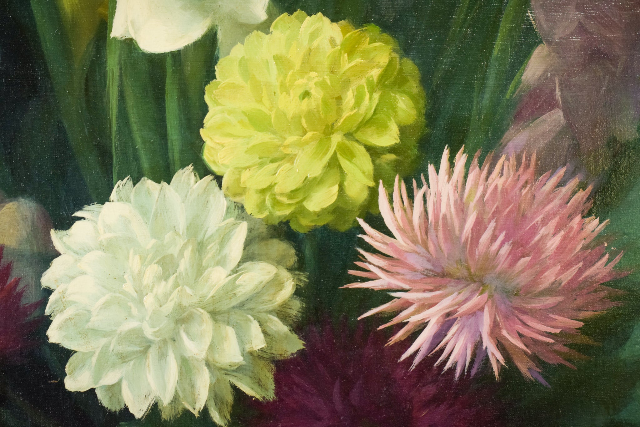 A painting of a bouquet of flowers on a green background.