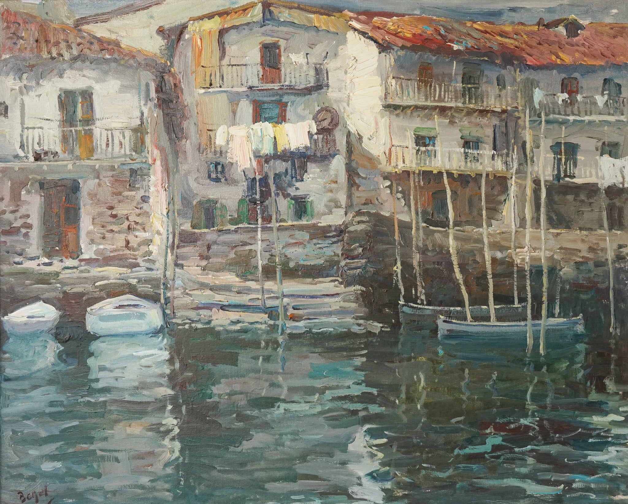 A painting of boats docked in a harbor next to buildings.