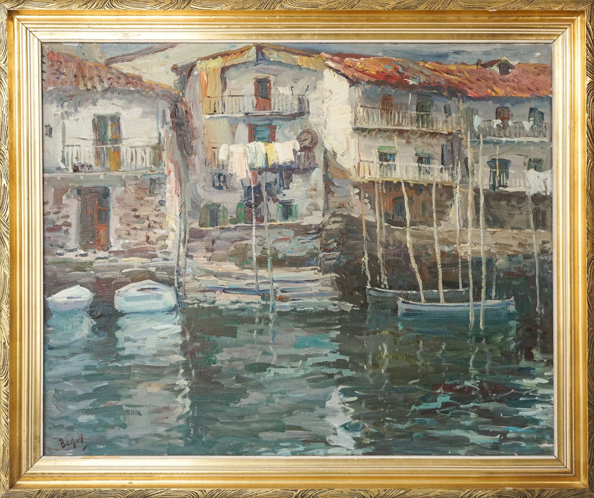 A painting of boats docked in a harbor next to buildings.